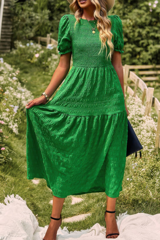 Pleated Tiered Solid Short Puff Sleeve A Line Dres - Tigbul's Variety Fashion Shop