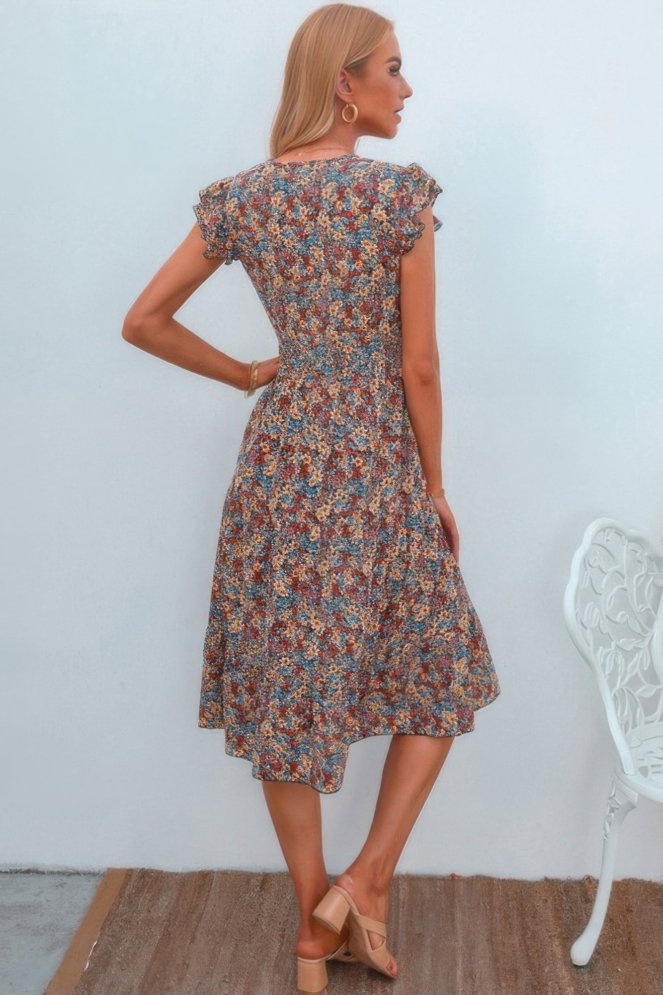 Boho Floral V Neck Ruffle Sleeve A Line Midi Dress - Tigbul's Variety Fashion Shop