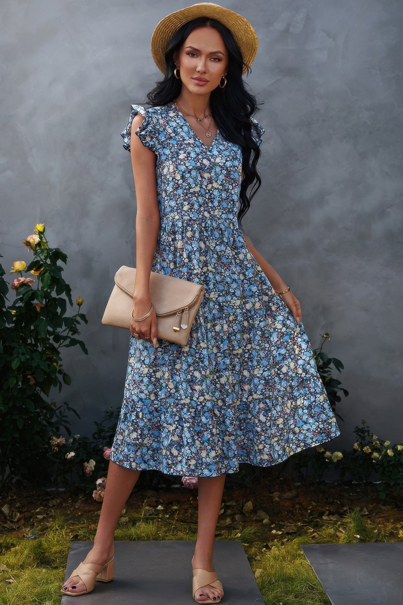 Boho Floral V Neck Ruffle Sleeve A Line Midi Dress - Tigbul's Variety Fashion Shop