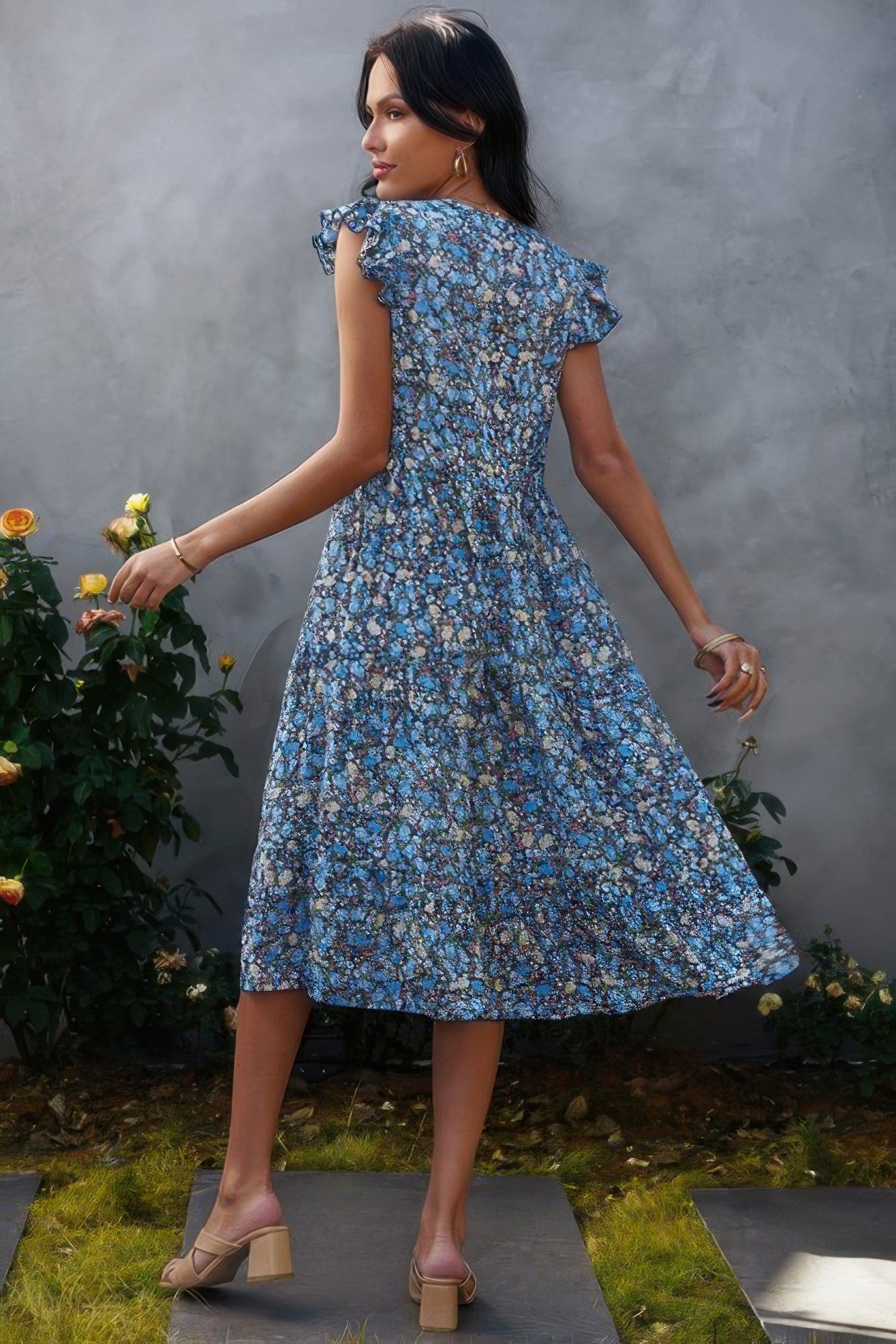 Boho Floral V Neck Ruffle Sleeve A Line Midi Dress - Tigbul's Variety Fashion Shop