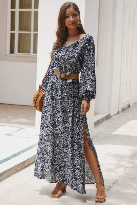 Floral V Neck Long Sleeve Full Dress - Tigbul's Variety Fashion Shop