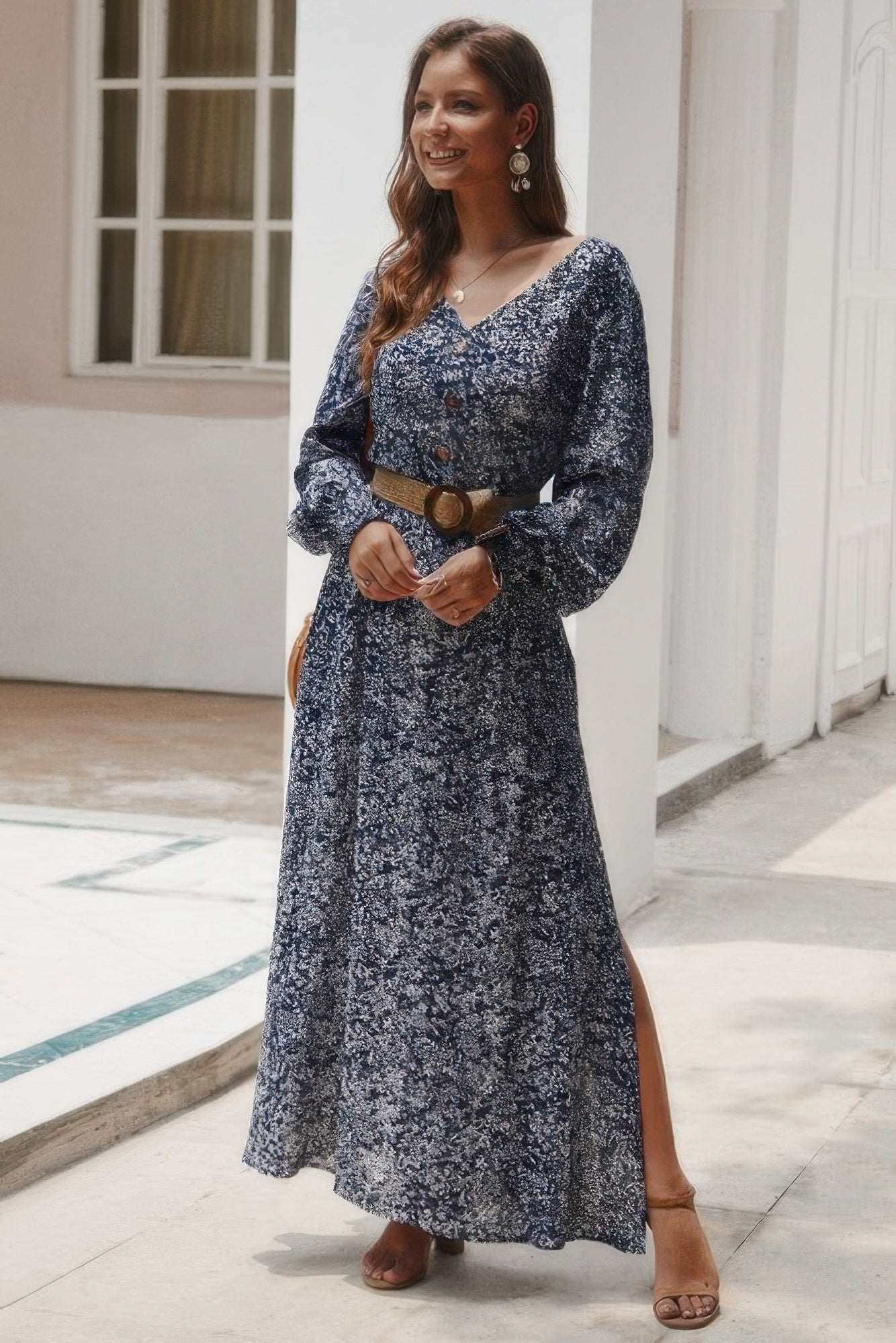Floral V Neck Long Sleeve Full Dress - Tigbul's Variety Fashion Shop