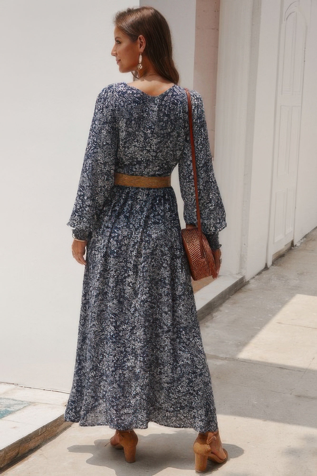 Floral V Neck Long Sleeve Full Dress - Tigbul's Variety Fashion Shop