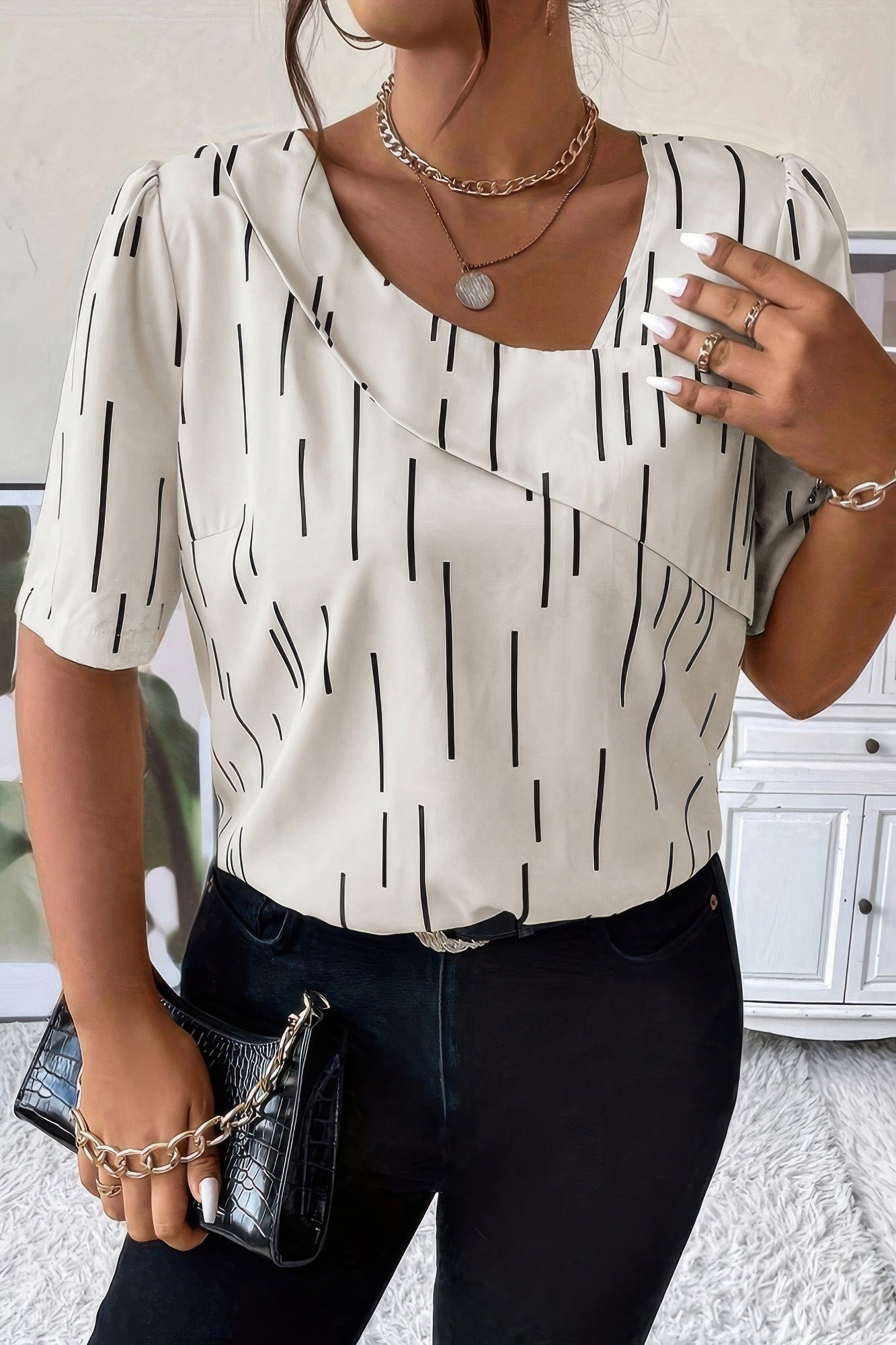 Printed Puff Sleeve Shirt With Line Pattern - Tigbul's Variety Fashion Shop
