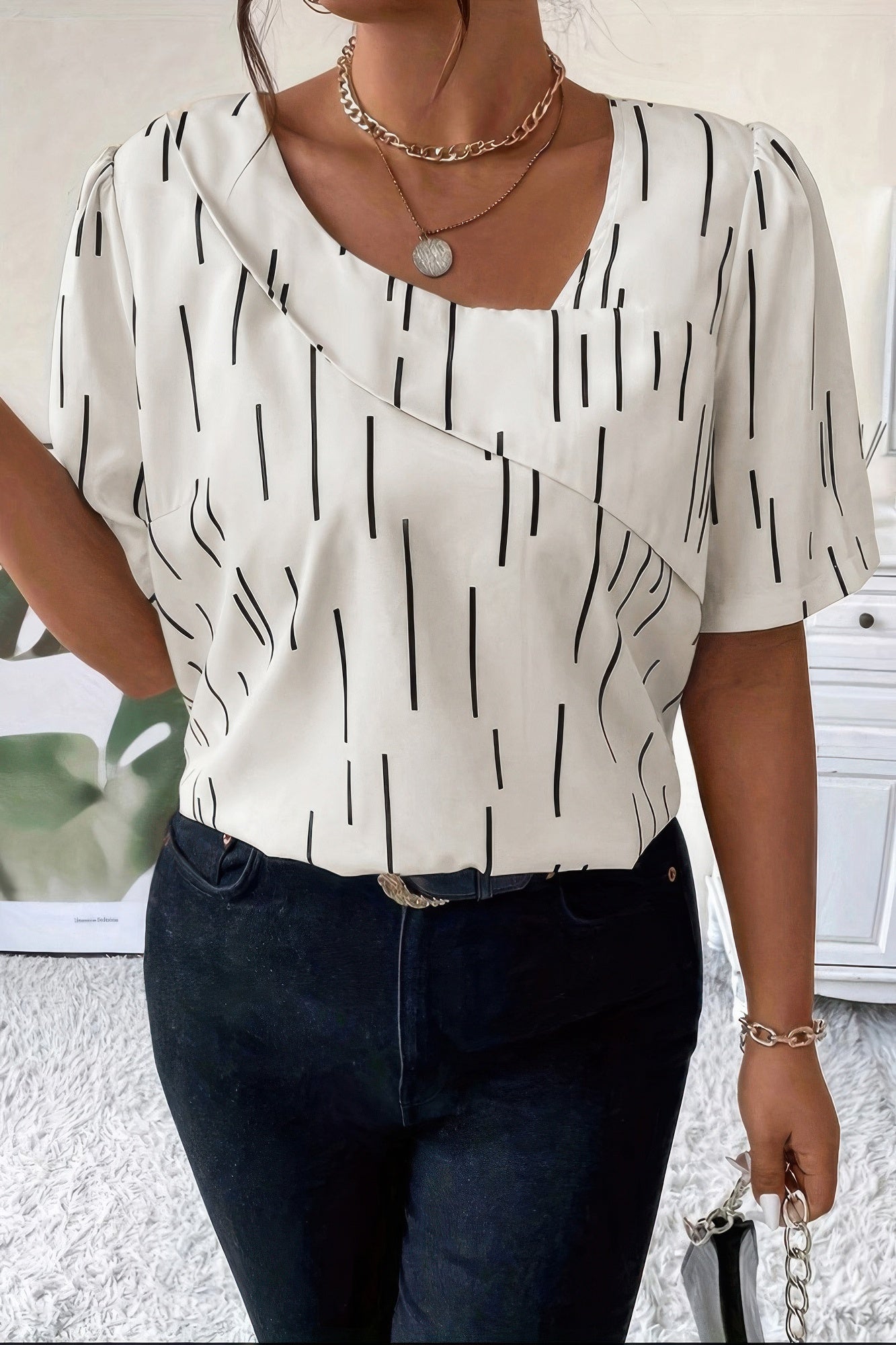 Printed Puff Sleeve Shirt With Line Pattern - Tigbul's Variety Fashion Shop
