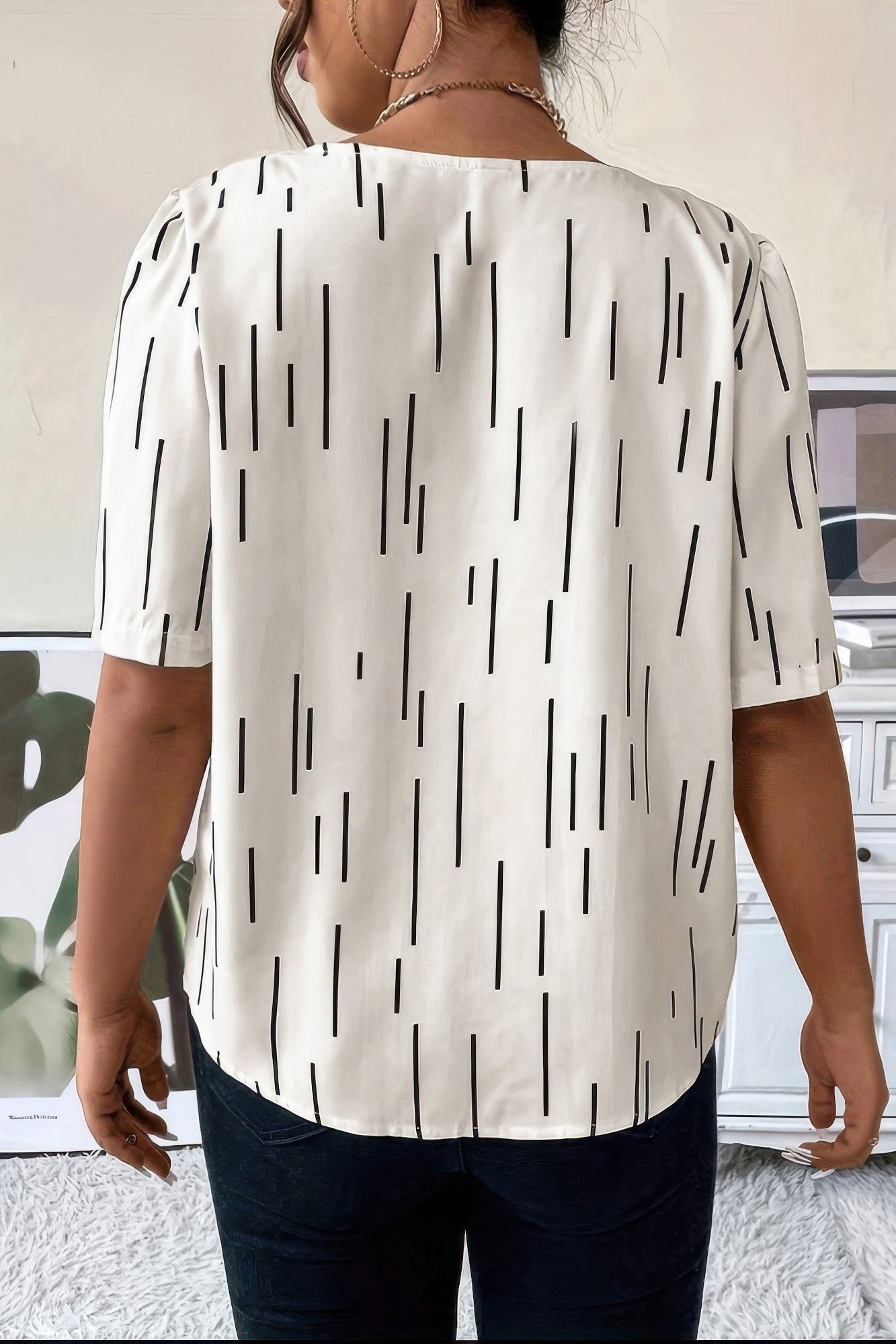 Printed Puff Sleeve Shirt With Line Pattern - Tigbul's Variety Fashion Shop
