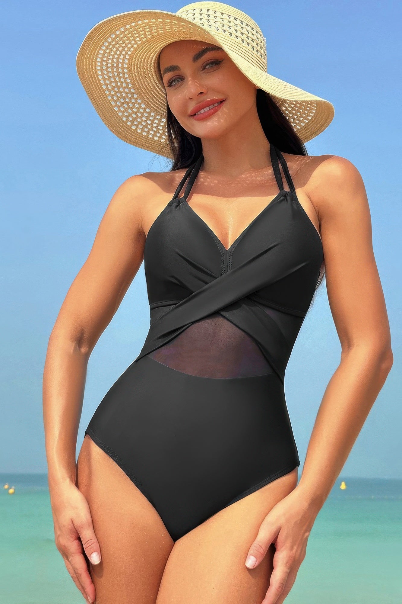 Color Block Halter Cross Lace One Piece Swimsuit - Tigbul's Variety Fashion Shop