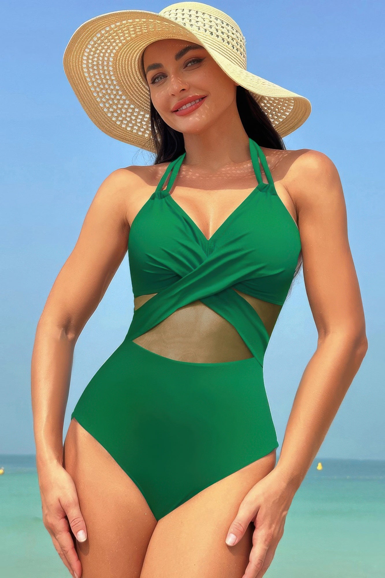 Color Block Halter Cross Lace One Piece Swimsuit - Tigbul's Variety Fashion Shop