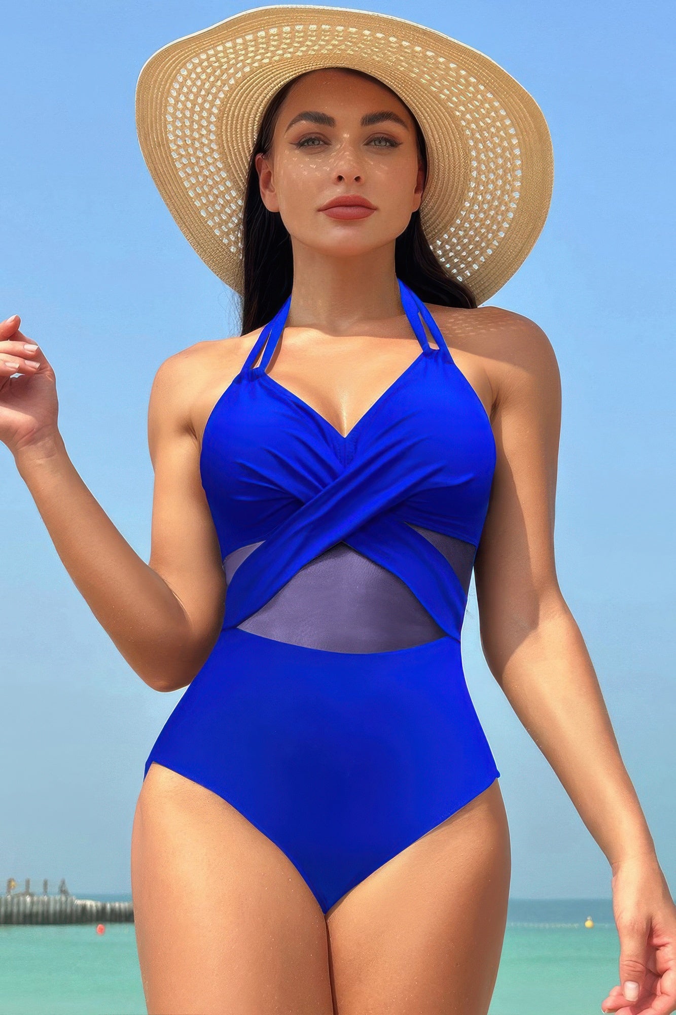 Color Block Halter Cross Lace One Piece Swimsuit - Tigbul's Variety Fashion Shop