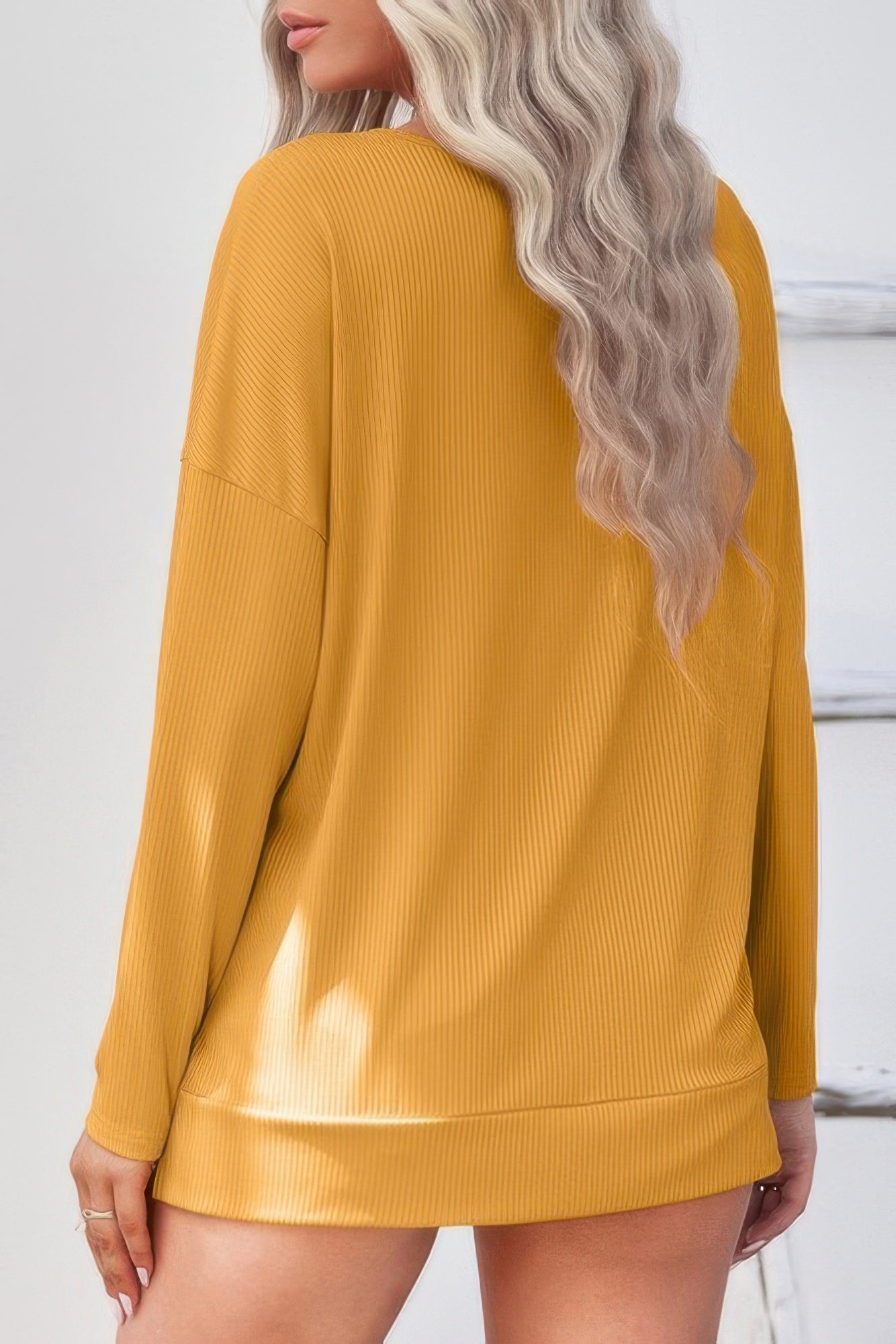 Solid Drop Shoulder V Neck Split Long Sleeve Blous - Tigbul's Variety Fashion Shop