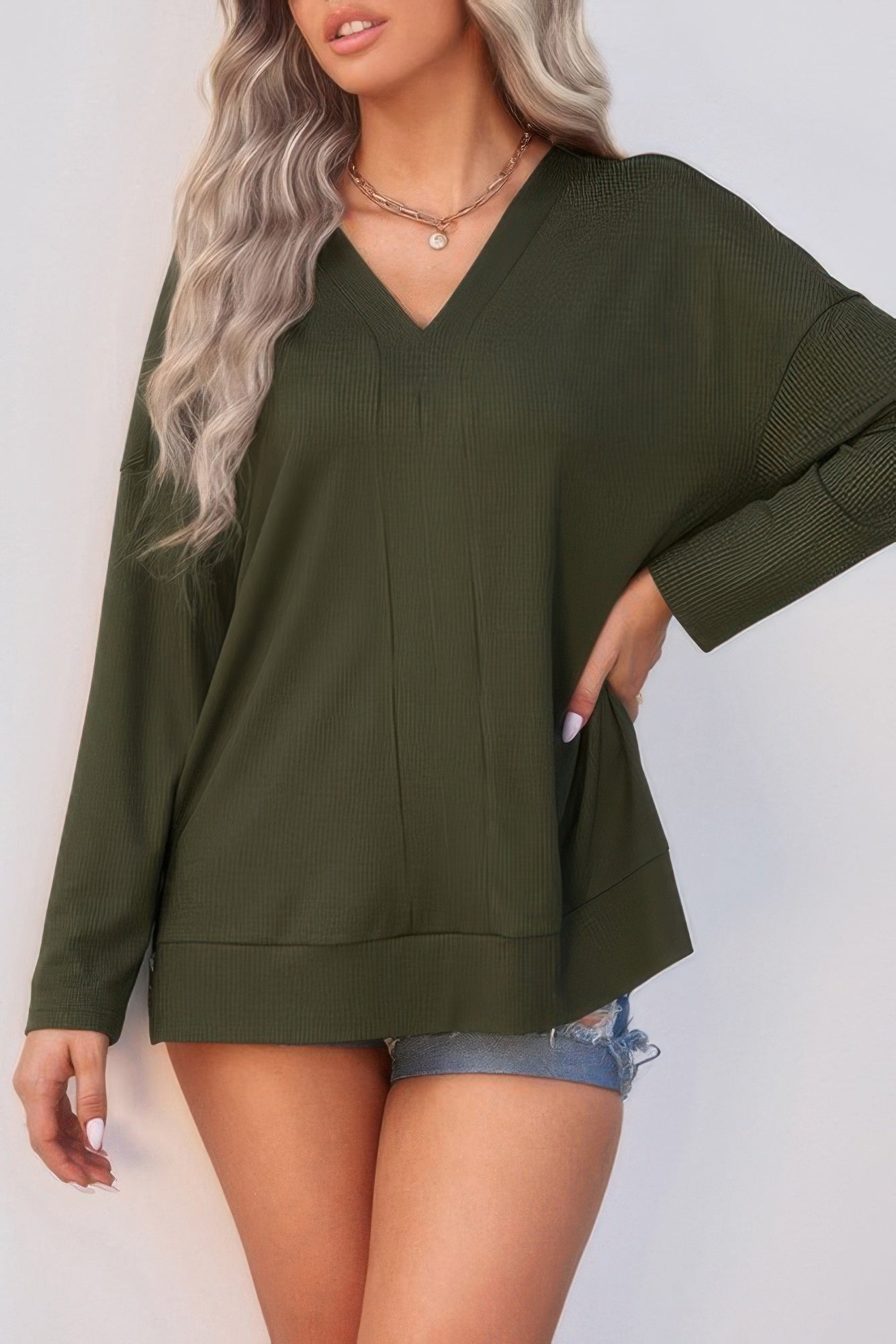 Solid Drop Shoulder V Neck Split Long Sleeve Blous - Tigbul's Variety Fashion Shop