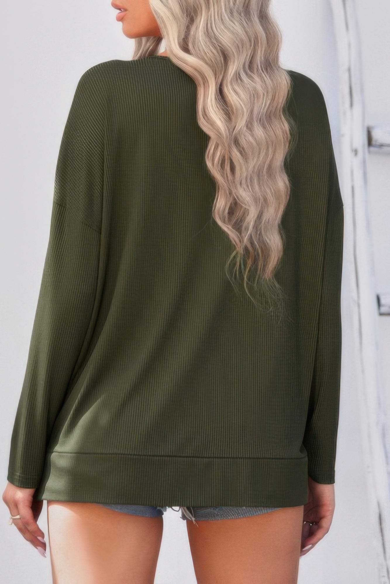 Solid Drop Shoulder V Neck Split Long Sleeve Blous - Tigbul's Variety Fashion Shop