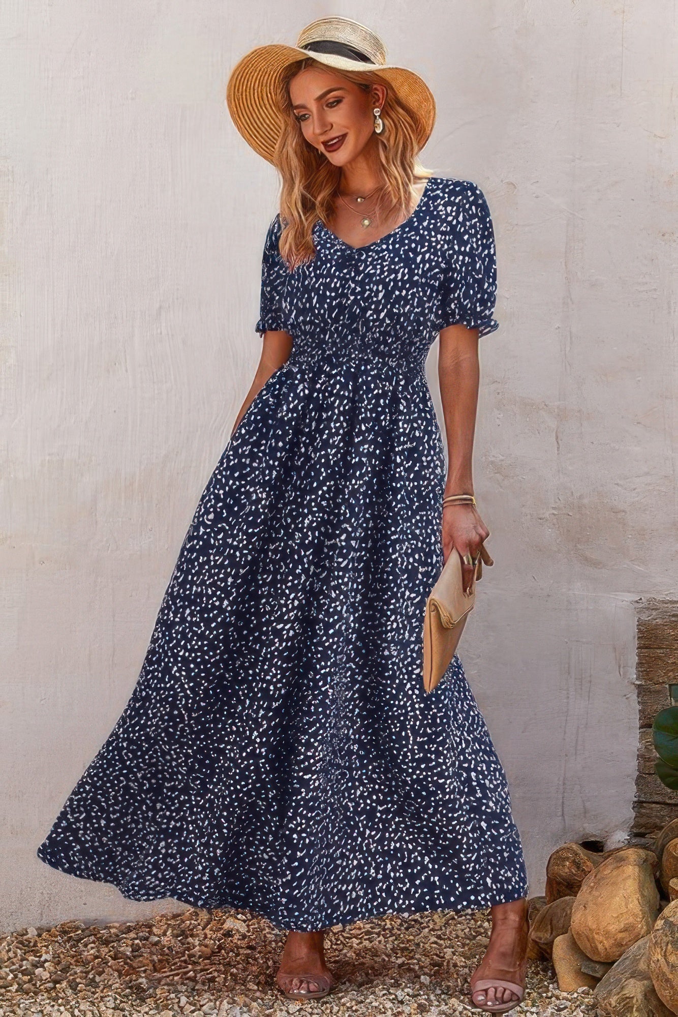 Allover Print Puff Sleeve Ruched Shirred Dress - Tigbul's Variety Fashion Shop