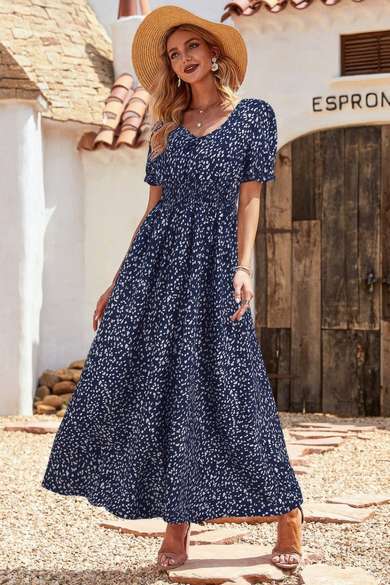 Allover Print Puff Sleeve Ruched Shirred Dress - Tigbul's Variety Fashion Shop