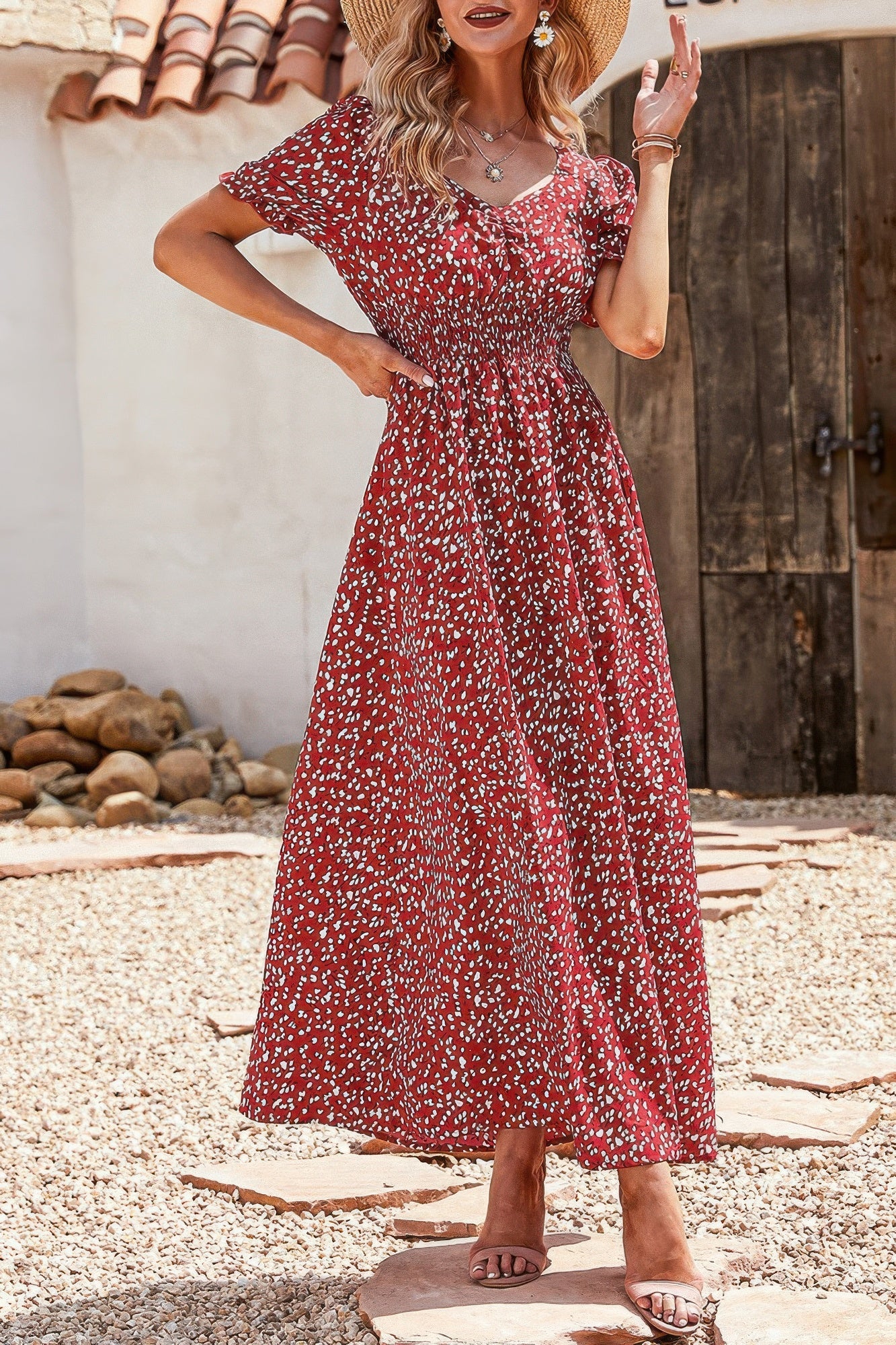 Allover Print Puff Sleeve Ruched Shirred Dress - Tigbul's Variety Fashion Shop
