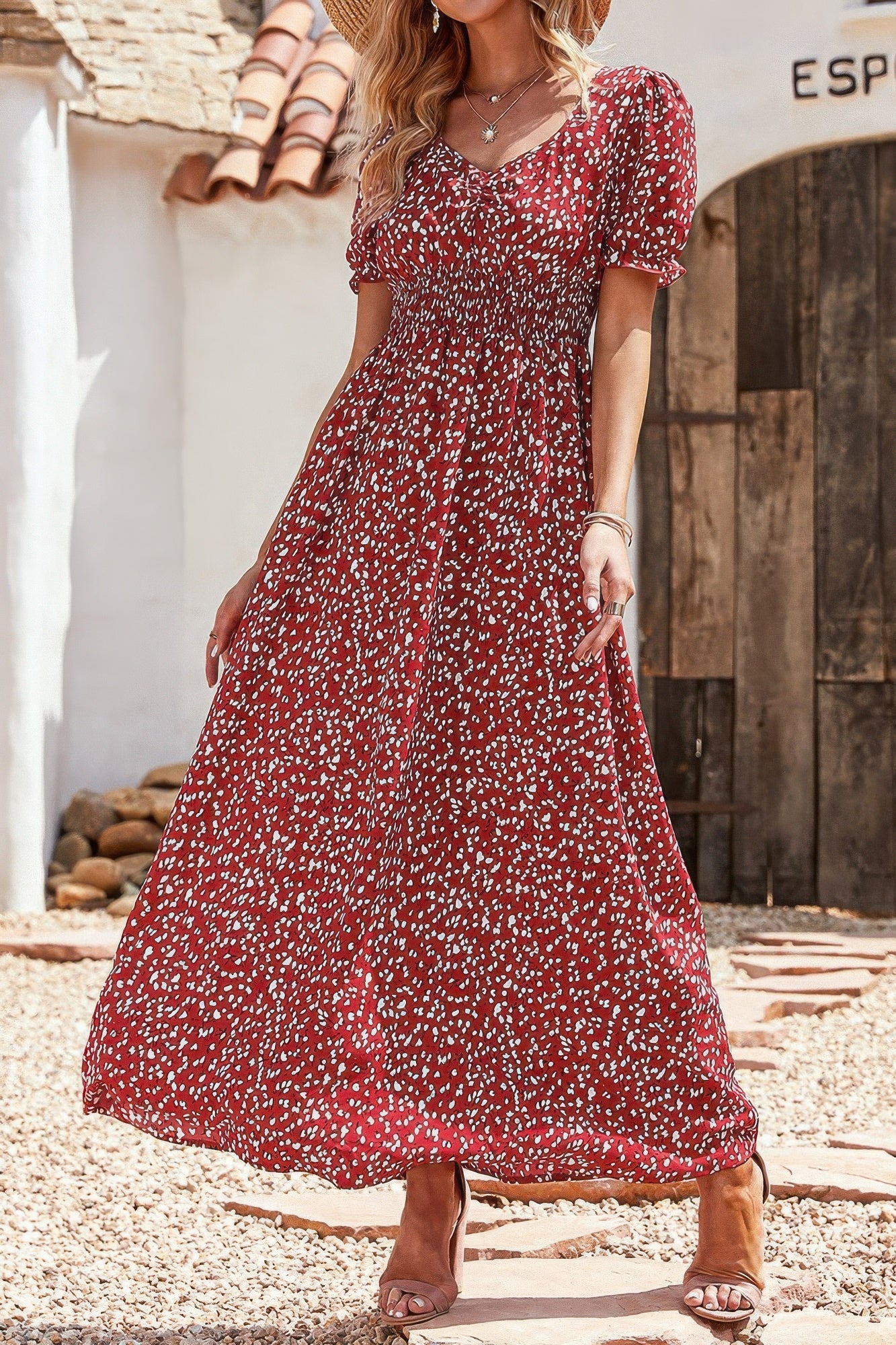 Allover Print Puff Sleeve Ruched Shirred Dress - Tigbul's Variety Fashion Shop