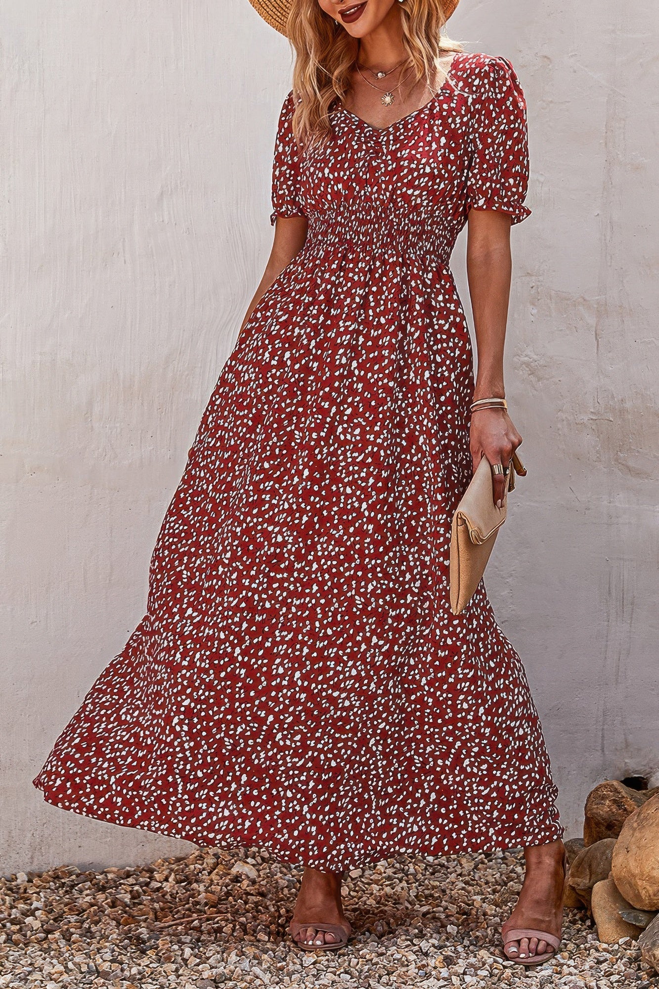 Allover Print Puff Sleeve Ruched Shirred Dress - Tigbul's Variety Fashion Shop