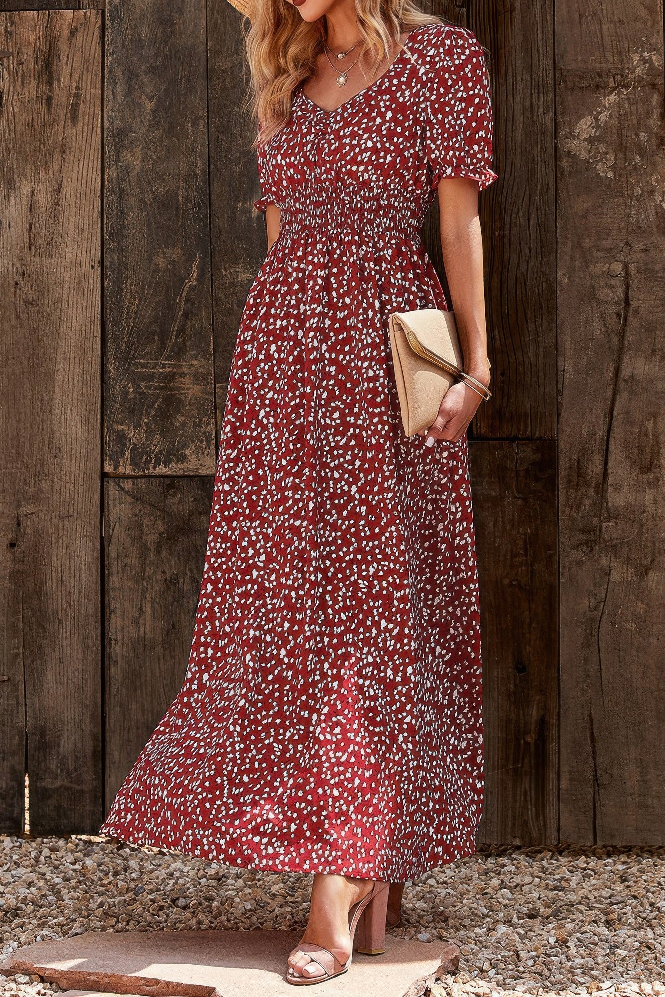 Allover Print Puff Sleeve Ruched Shirred Dress - Tigbul's Variety Fashion Shop