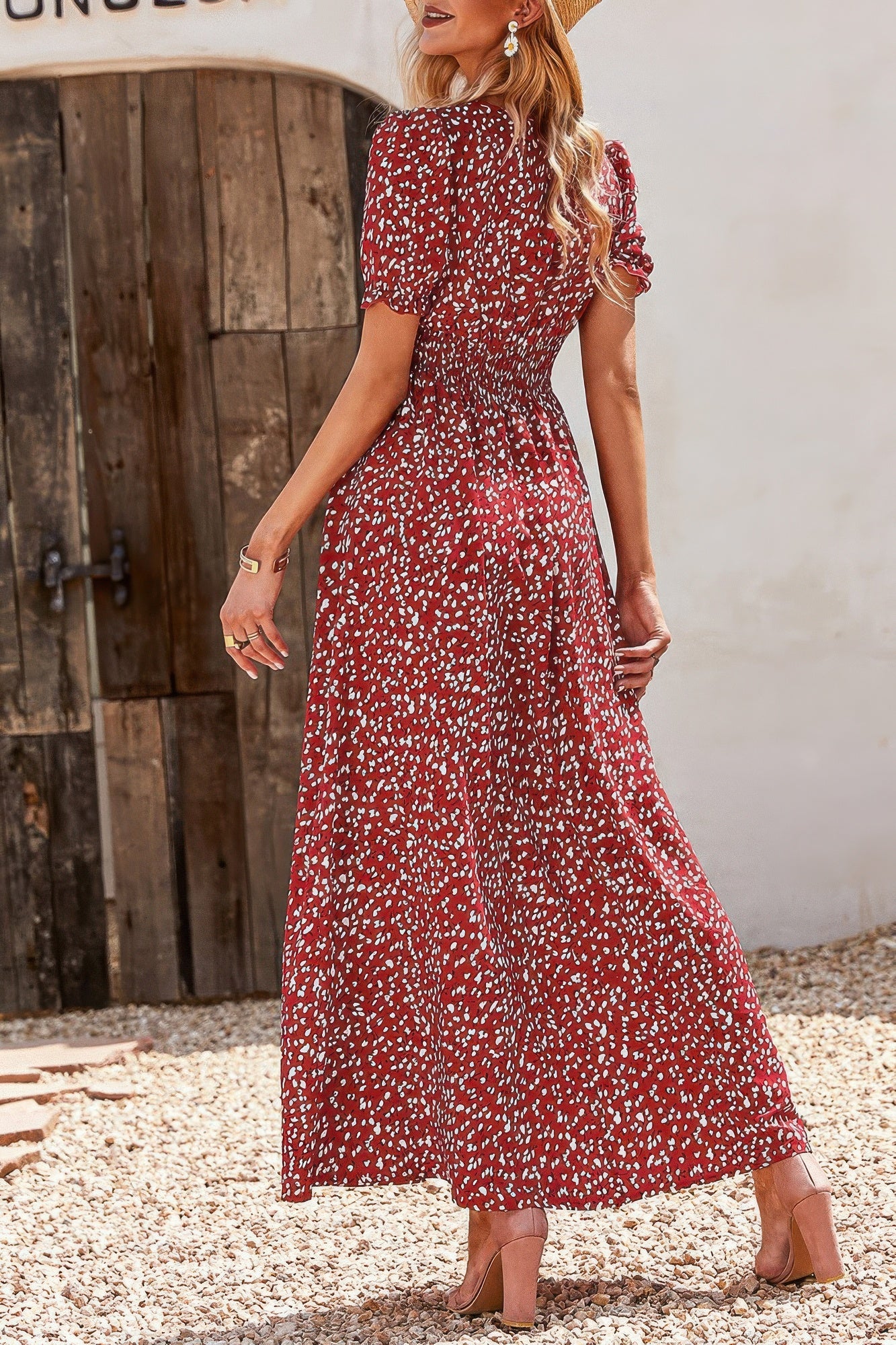 Allover Print Puff Sleeve Ruched Shirred Dress - Tigbul's Variety Fashion Shop