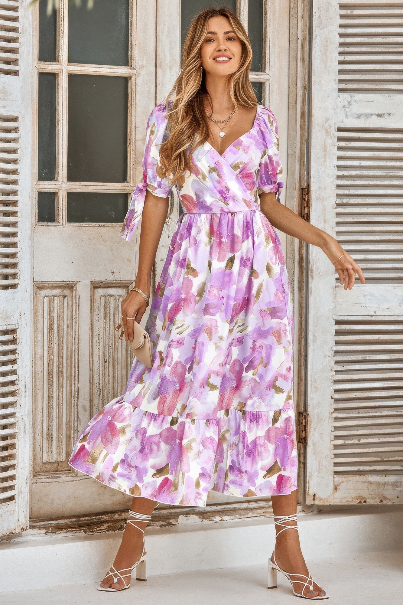 Floral Paint Short Sleeve Tie Cuff Surplice Dress - Tigbul's Variety Fashion Shop