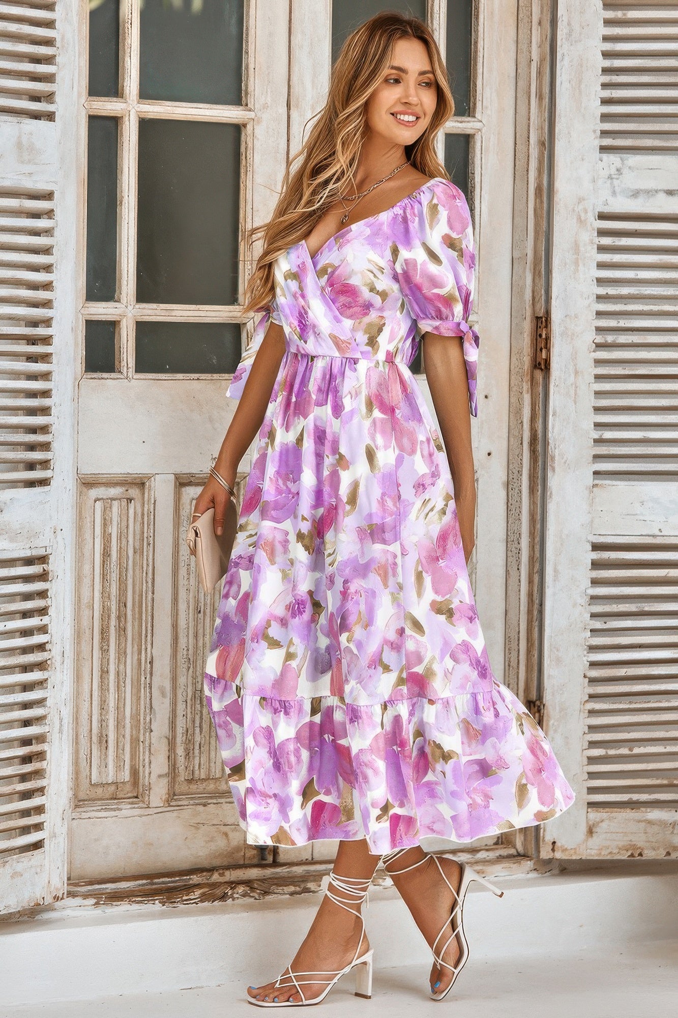 Floral Paint Short Sleeve Tie Cuff Surplice Dress - Tigbul's Variety Fashion Shop