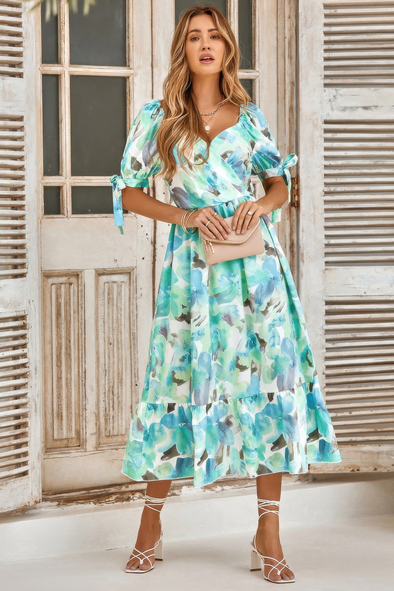 Floral Paint Short Sleeve Tie Cuff Surplice Dress - Tigbul's Variety Fashion Shop