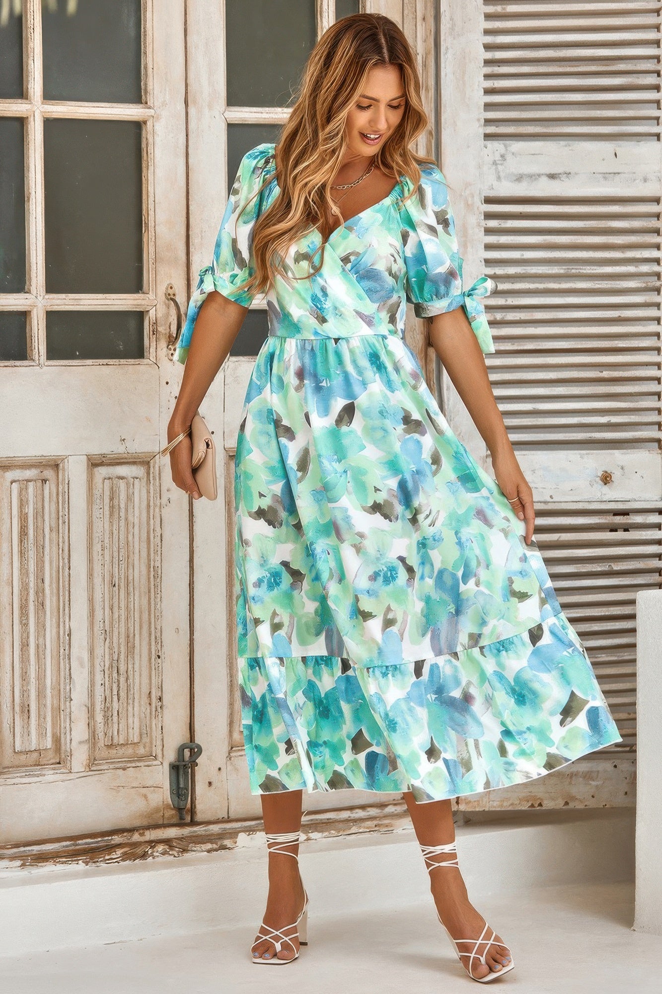 Floral Paint Short Sleeve Tie Cuff Surplice Dress - Tigbul's Variety Fashion Shop