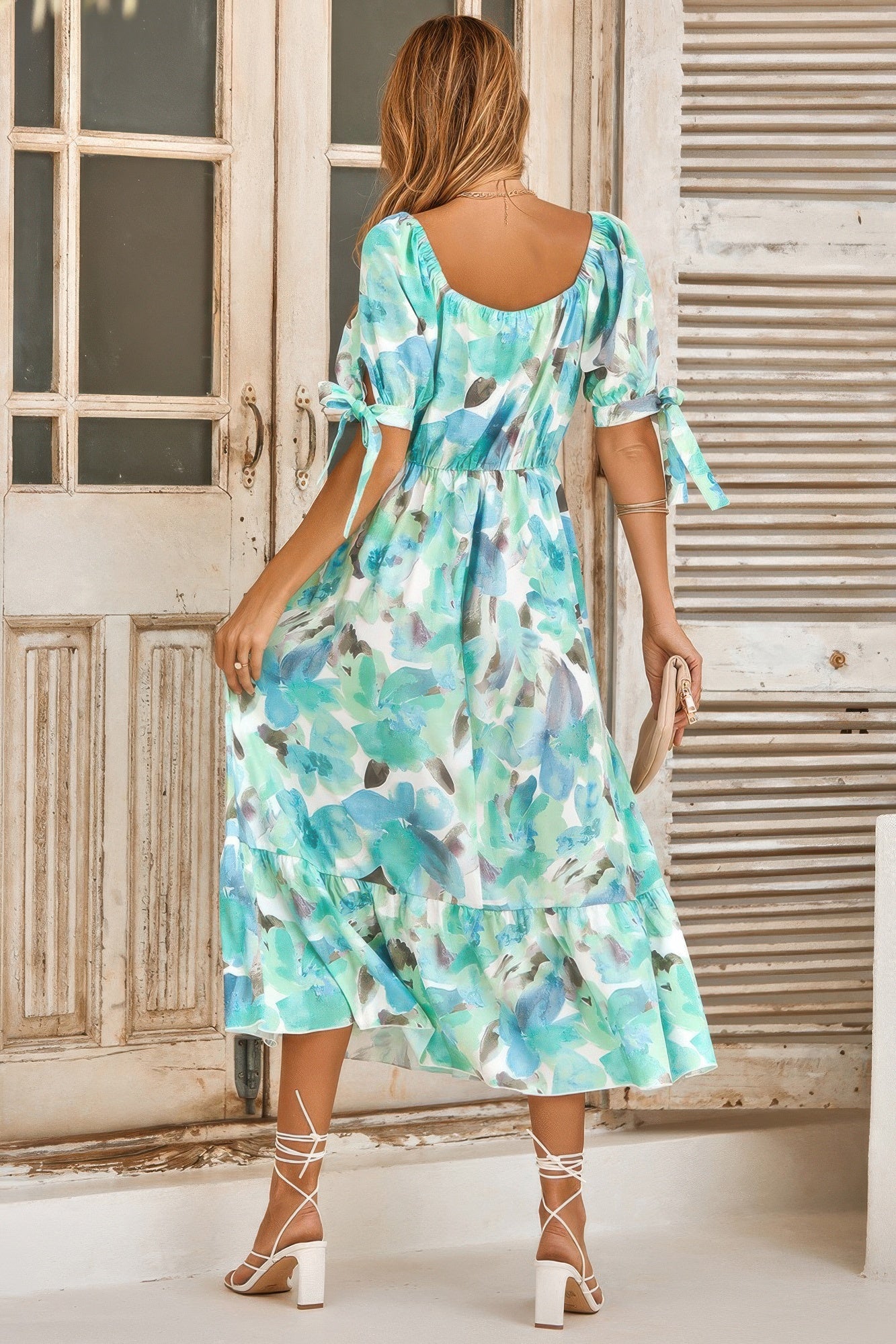 Floral Paint Short Sleeve Tie Cuff Surplice Dress - Tigbul's Variety Fashion Shop