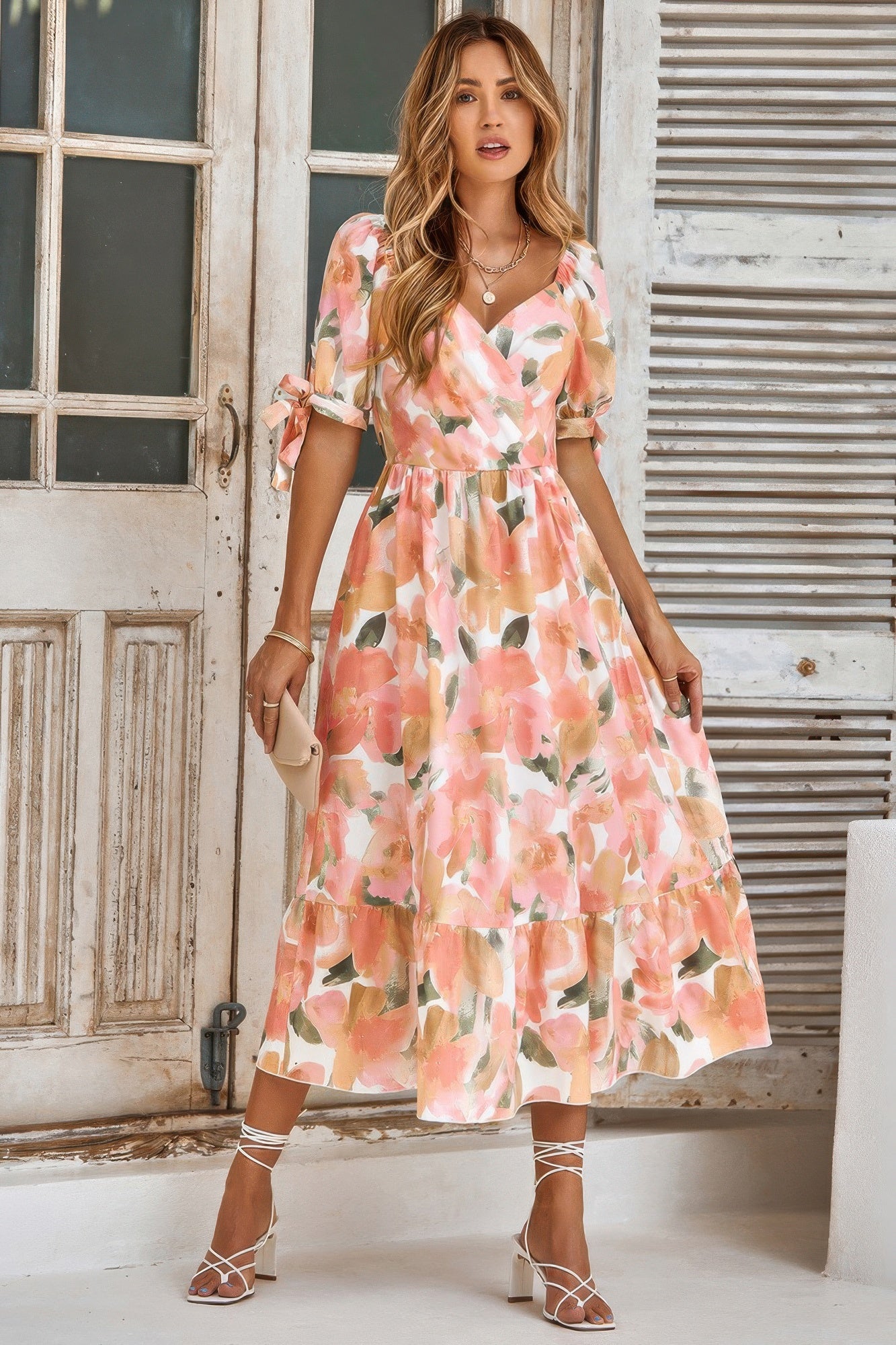 Floral Paint Short Sleeve Tie Cuff Surplice Dress - Tigbul's Variety Fashion Shop