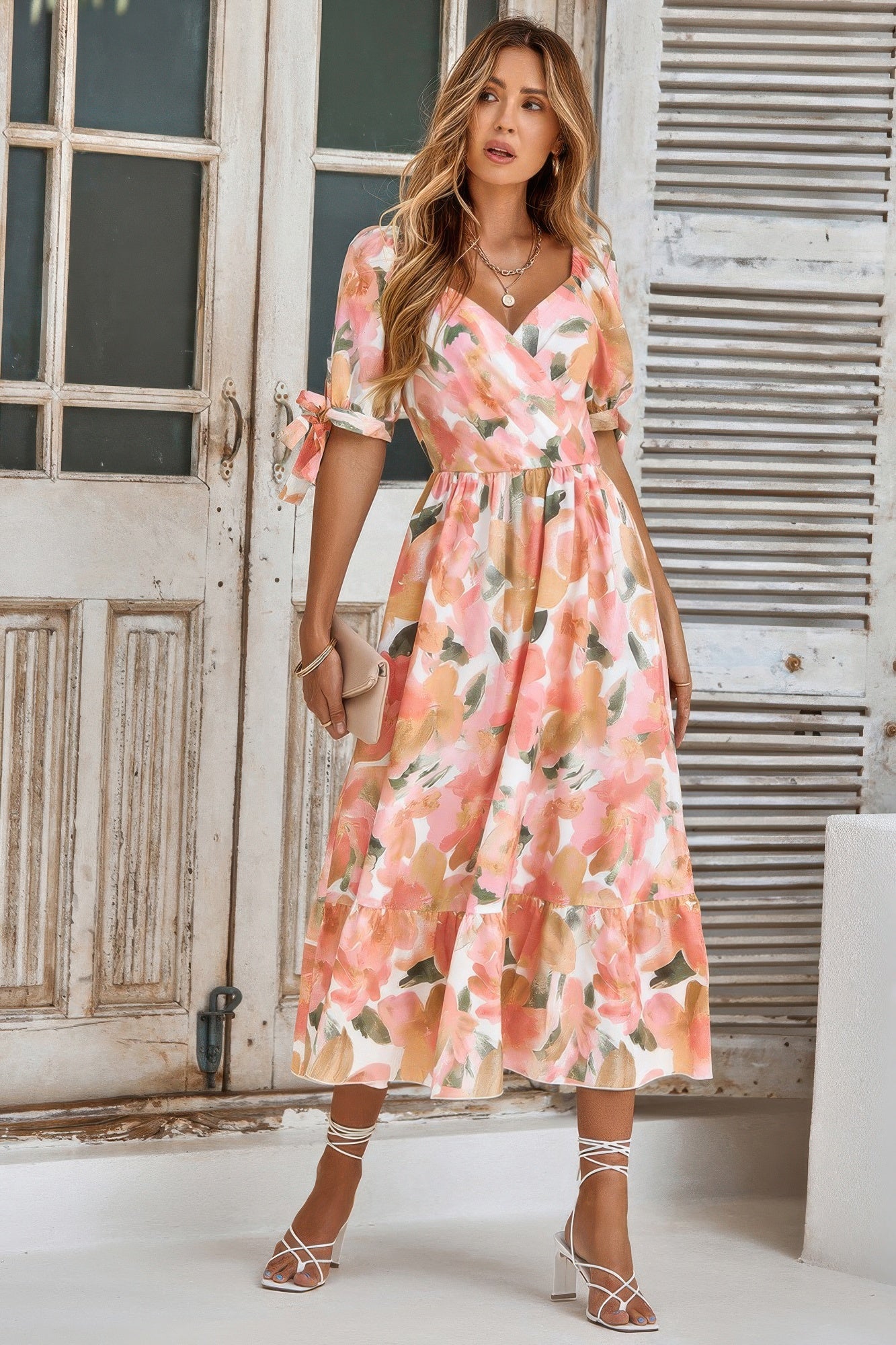 Floral Paint Short Sleeve Tie Cuff Surplice Dress - Tigbul's Variety Fashion Shop