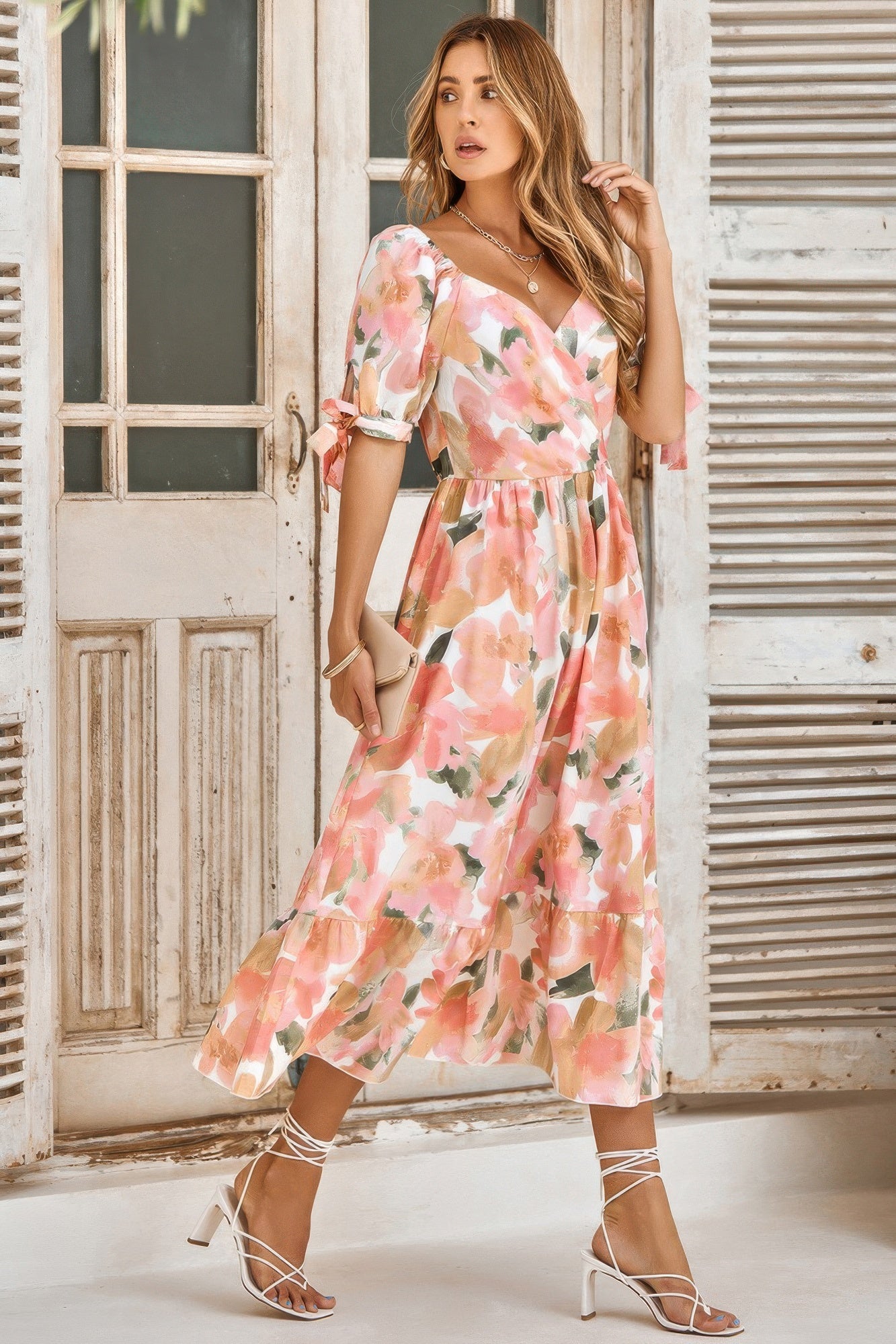 Floral Paint Short Sleeve Tie Cuff Surplice Dress - Tigbul's Variety Fashion Shop