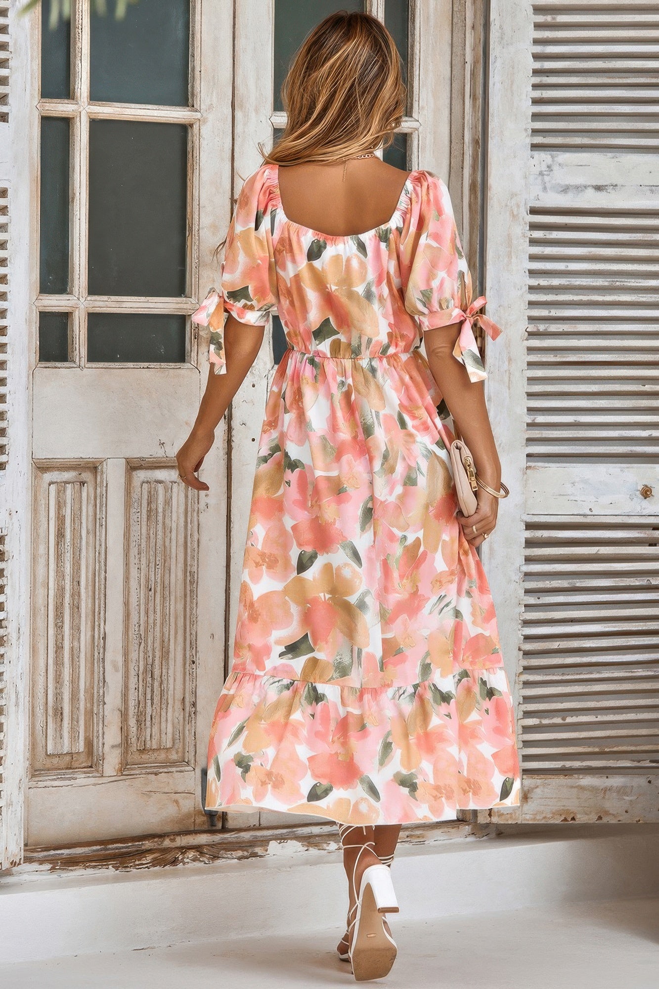 Floral Paint Short Sleeve Tie Cuff Surplice Dress - Tigbul's Variety Fashion Shop