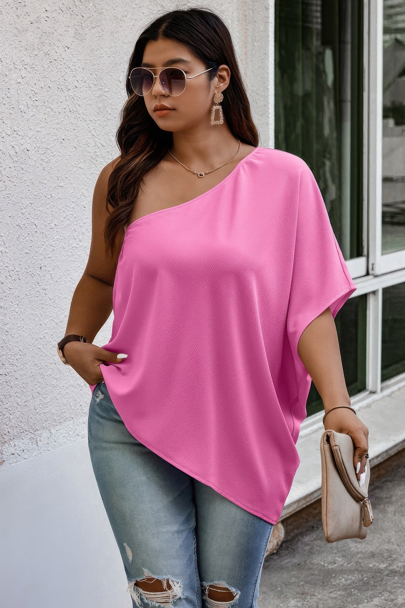Plus One Shoulder Solid Casual Loose Fit Shirt - Tigbul's Variety Fashion Shop