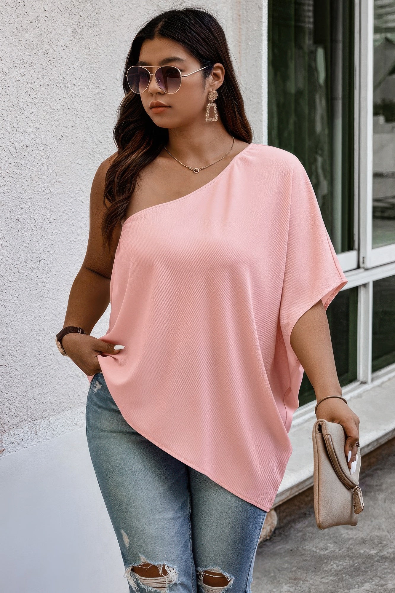 Plus One Shoulder Solid Casual Loose Fit Shirt - Tigbul's Variety Fashion Shop