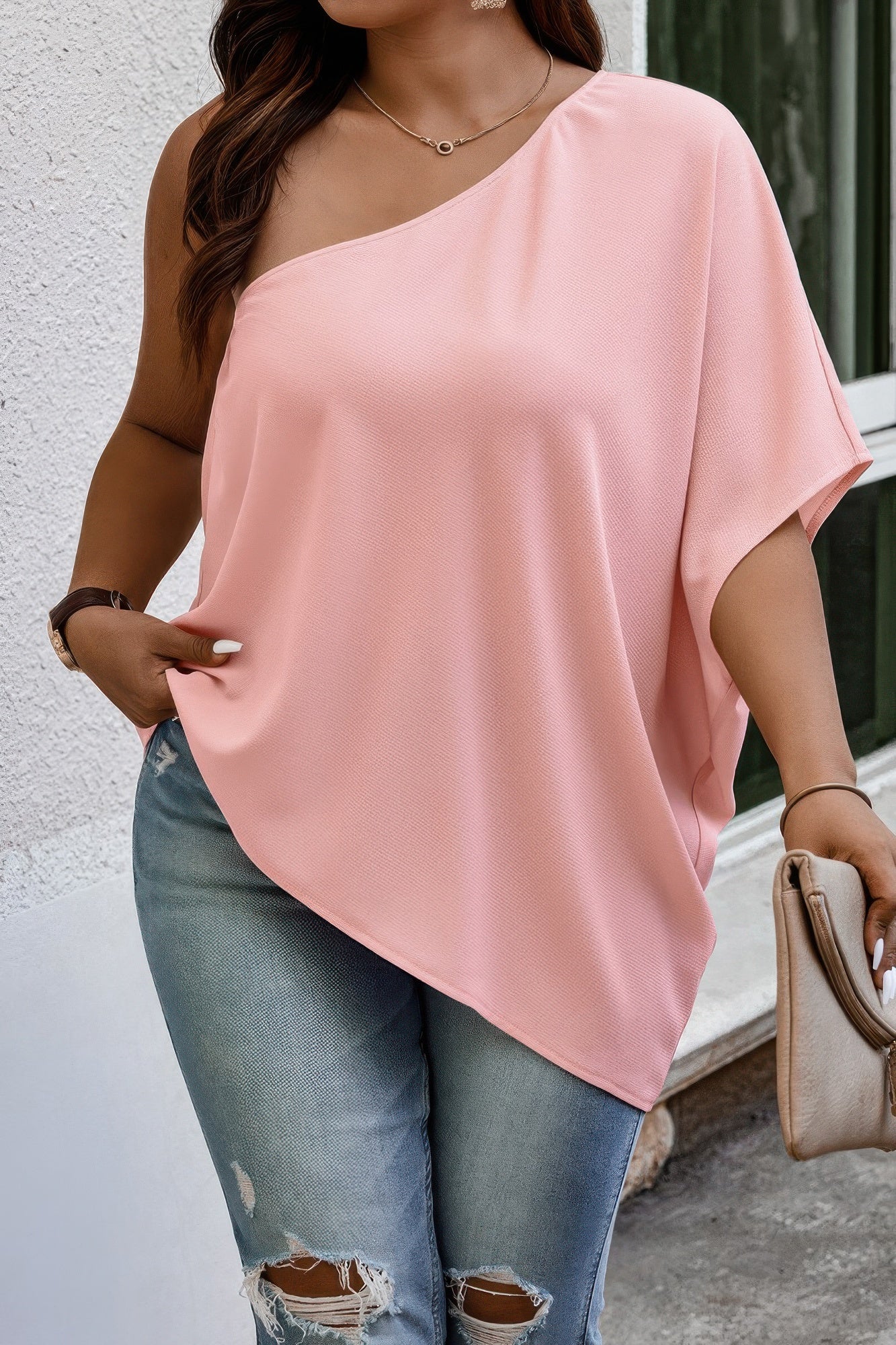 Plus One Shoulder Solid Casual Loose Fit Shirt - Tigbul's Variety Fashion Shop