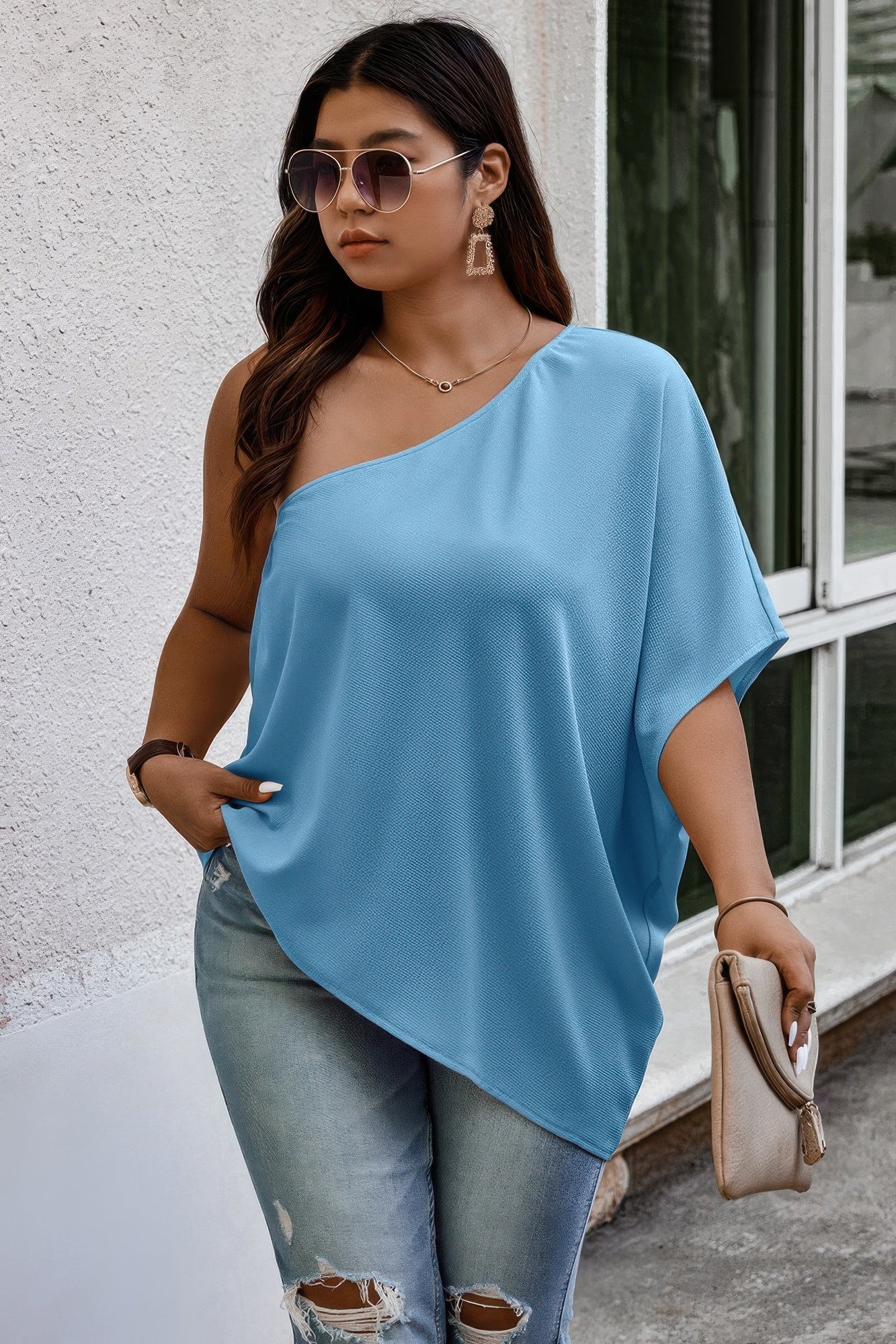 Plus One Shoulder Solid Casual Loose Fit Shirt - Tigbul's Variety Fashion Shop