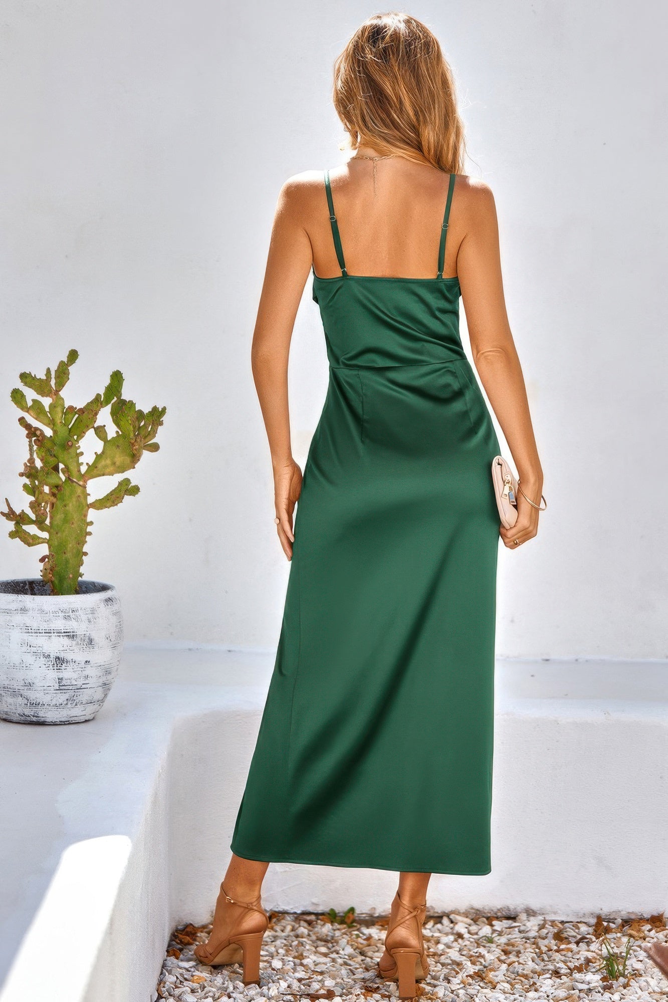 Spaghetti Strap Cowl Neck Split Midi Slit Dress - Tigbul's Variety Fashion Shop