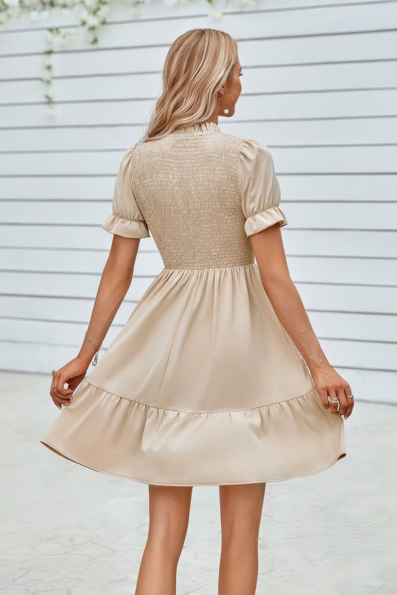 Solid Puff Sleeve Shirred Detail Ruffle Hem Dress - Tigbul's Variety Fashion Shop