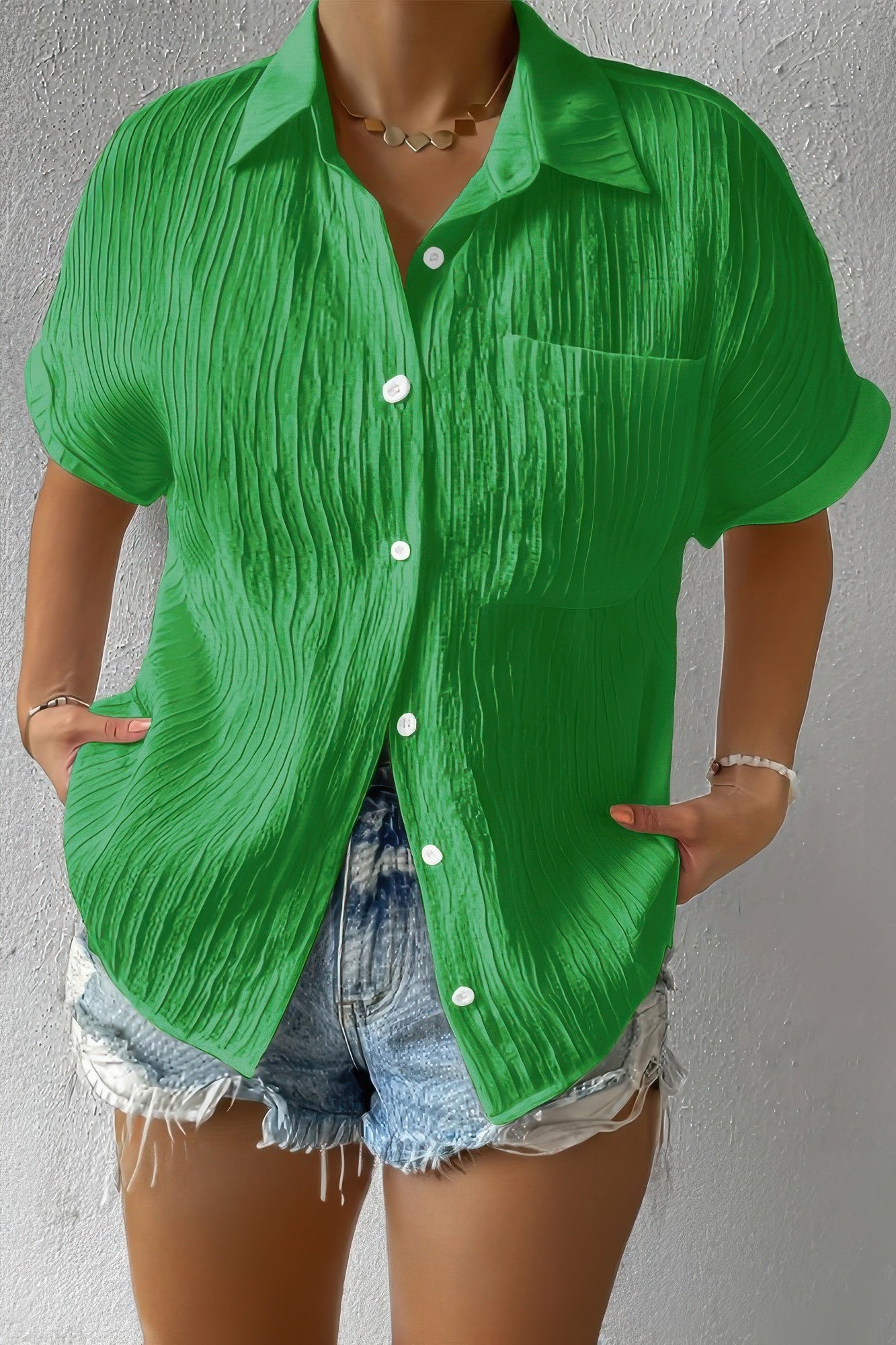 Button Down Lapel Pockets Loose Solid Shirt - Tigbul's Variety Fashion Shop