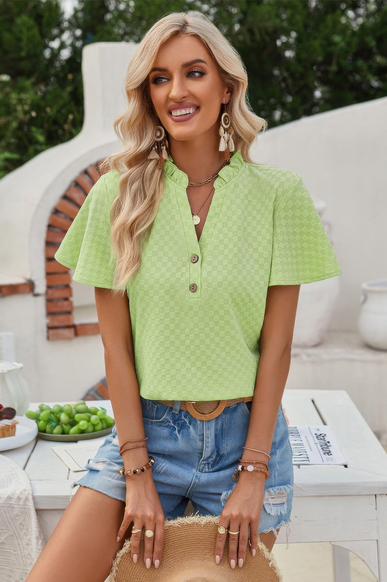V Neck Loose Fit Solid Button Plaid Shirt - Tigbul's Variety Fashion Shop