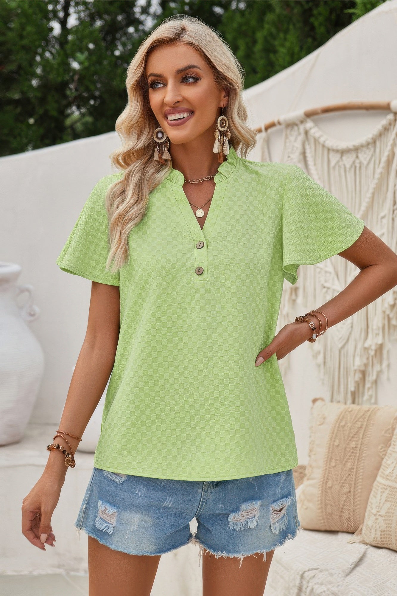 V Neck Loose Fit Solid Button Plaid Shirt - Tigbul's Variety Fashion Shop