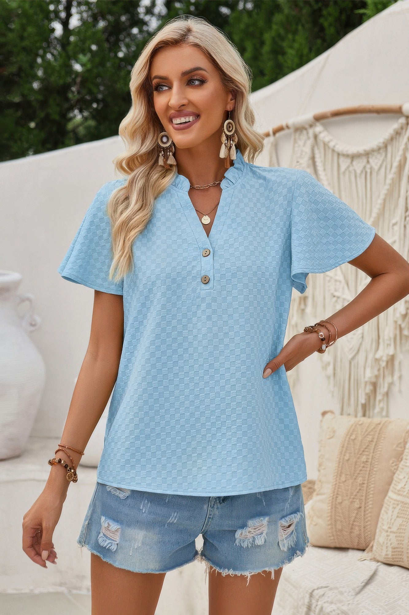 V Neck Loose Fit Solid Button Plaid Shirt - Tigbul's Variety Fashion Shop