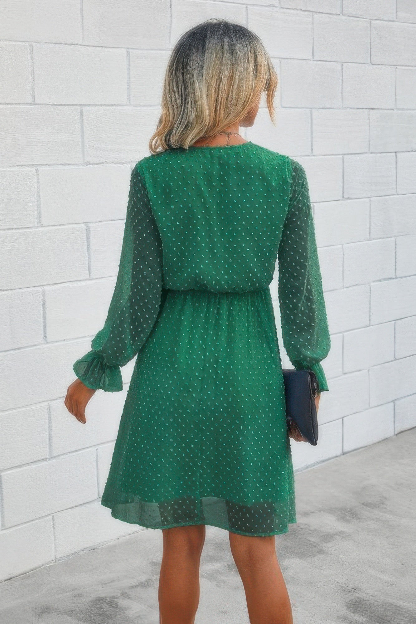 Solid Swiss Dot Flounce Sleeve Shirred Midi Dress - Tigbul's Variety Fashion Shop