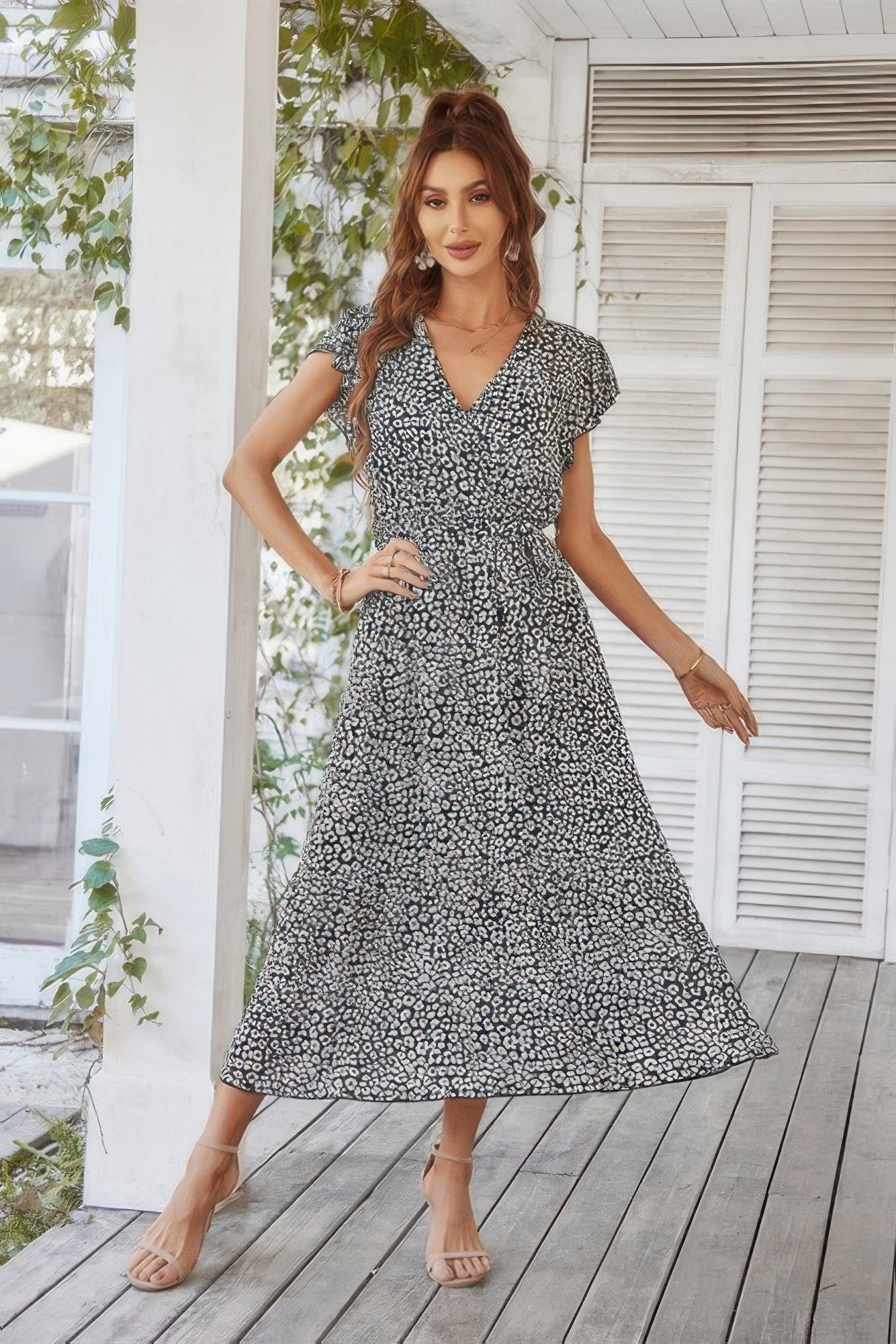 Floral V Neck Ruffle Short Sleeve High Waist Dress - Tigbul's Variety Fashion Shop