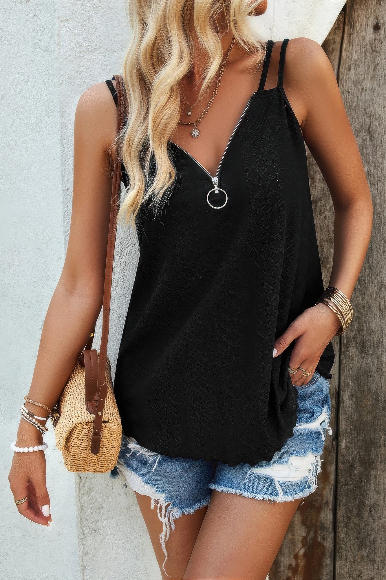 V Neck Eyelet Trim Spaghetti Strap Sleeveless Top - Tigbul's Variety Fashion Shop