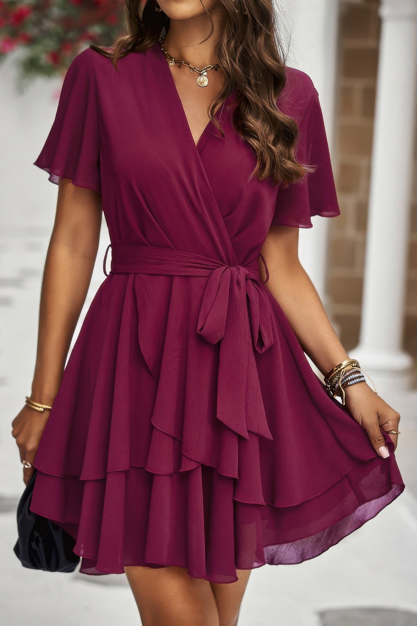 Chiffon Layer Hem Waist Tie Layer Hem Ruffle Dress - Tigbul's Variety Fashion Shop