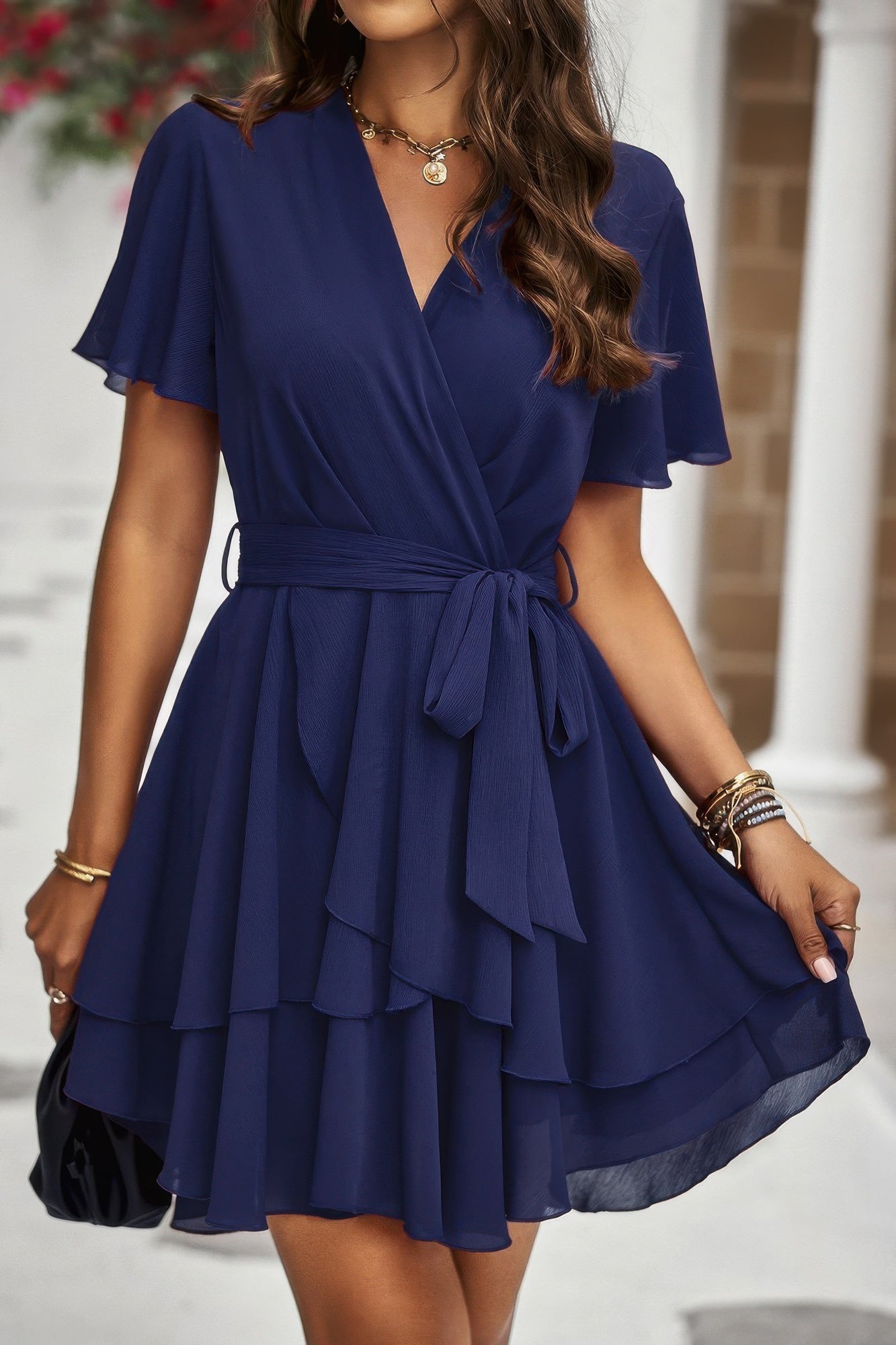 Chiffon Layer Hem Waist Tie Layer Hem Ruffle Dress - Tigbul's Variety Fashion Shop