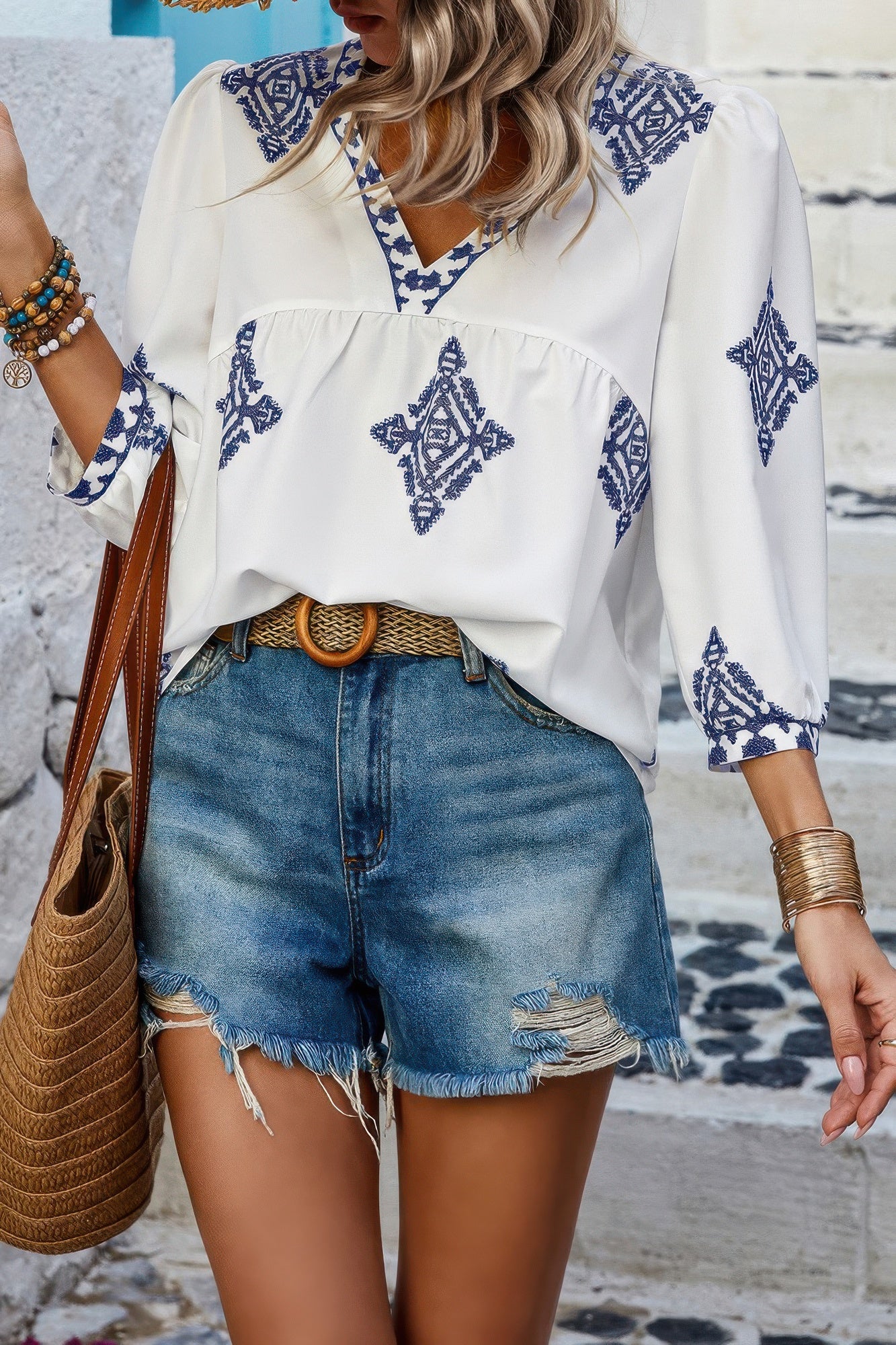 Printed T Shirt V Neck Loose Puff Sleeves Shirts - Tigbul's Variety Fashion Shop