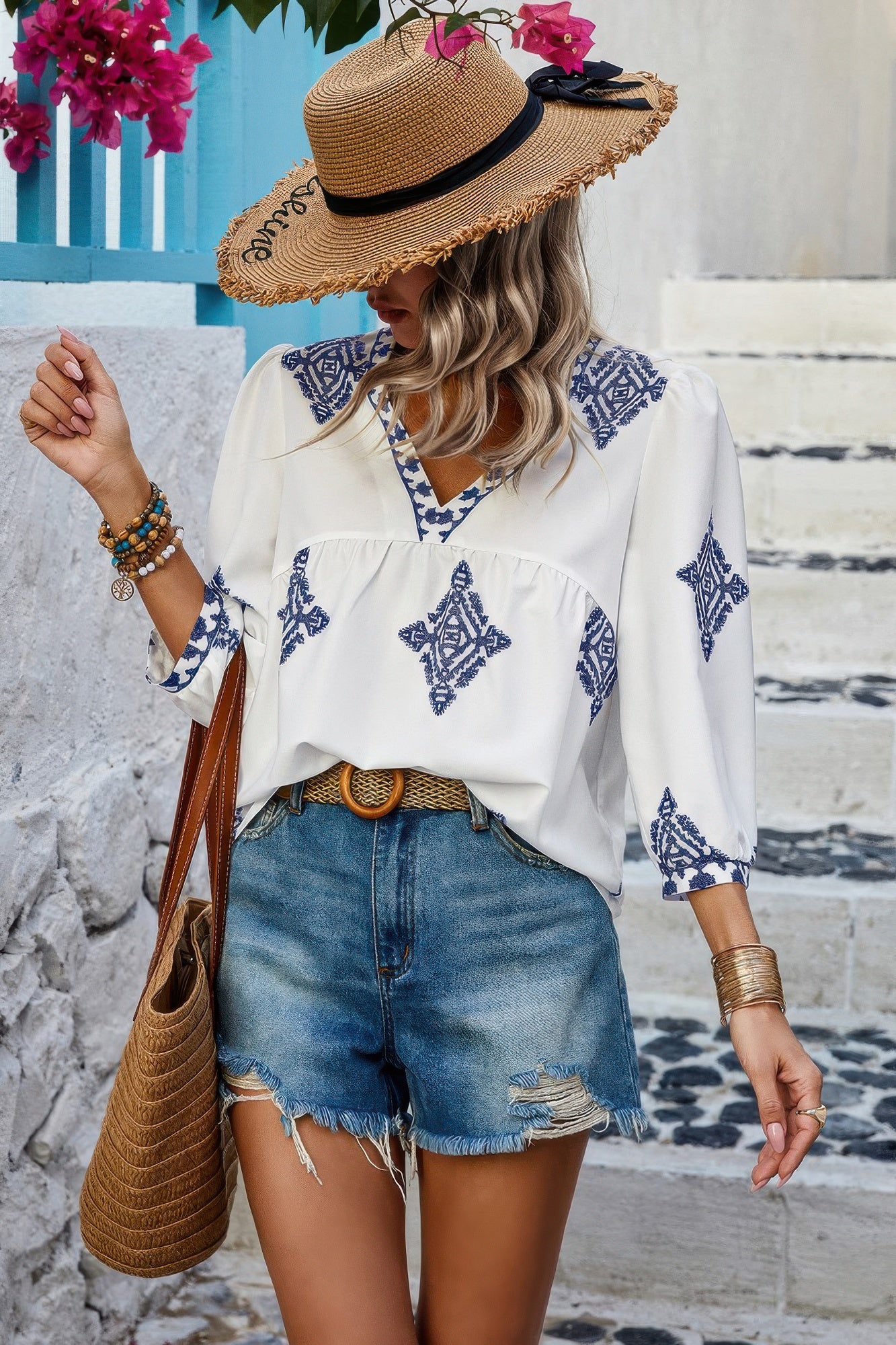 Printed T Shirt V Neck Loose Puff Sleeves Shirts - Tigbul's Variety Fashion Shop