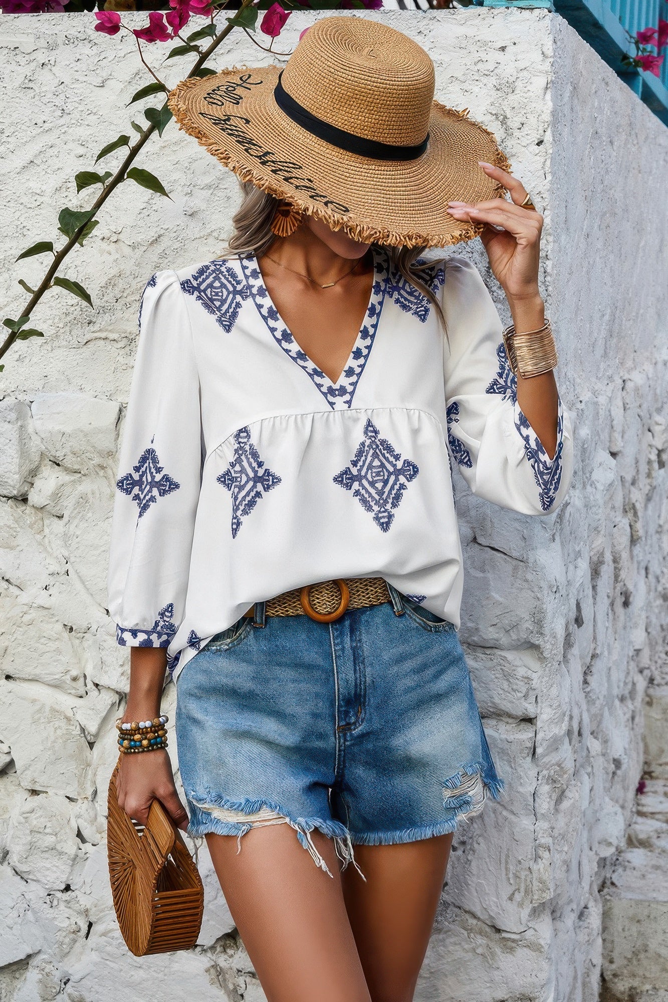 Printed T Shirt V Neck Loose Puff Sleeves Shirts - Tigbul's Variety Fashion Shop